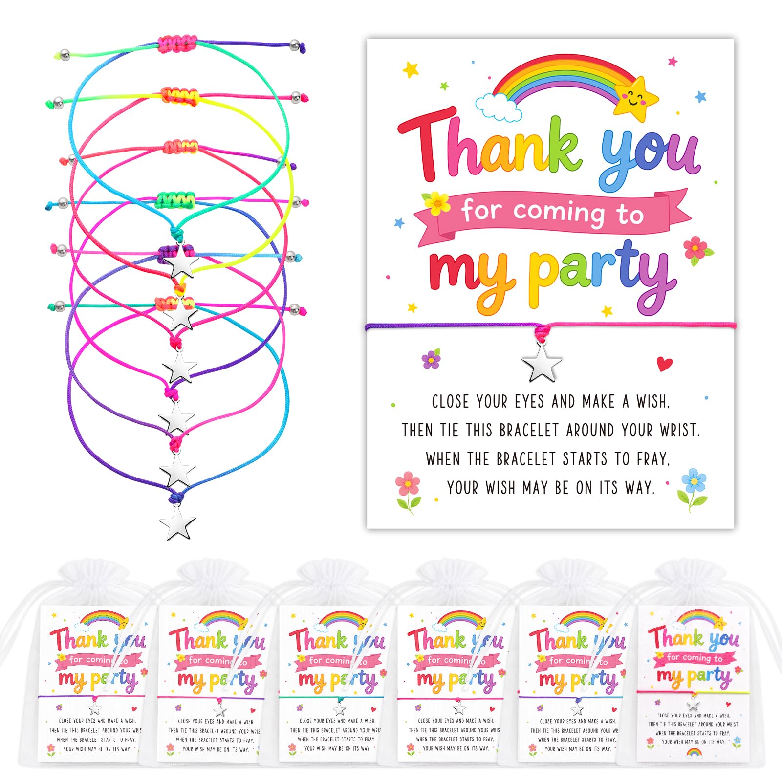 DOORIO 6 Pack Party Thank You Gifts, Thank You For Coming To My Party Gifts Wish Bracelets with Cards Kids Birthday Party Bag Fillers Party Favours
