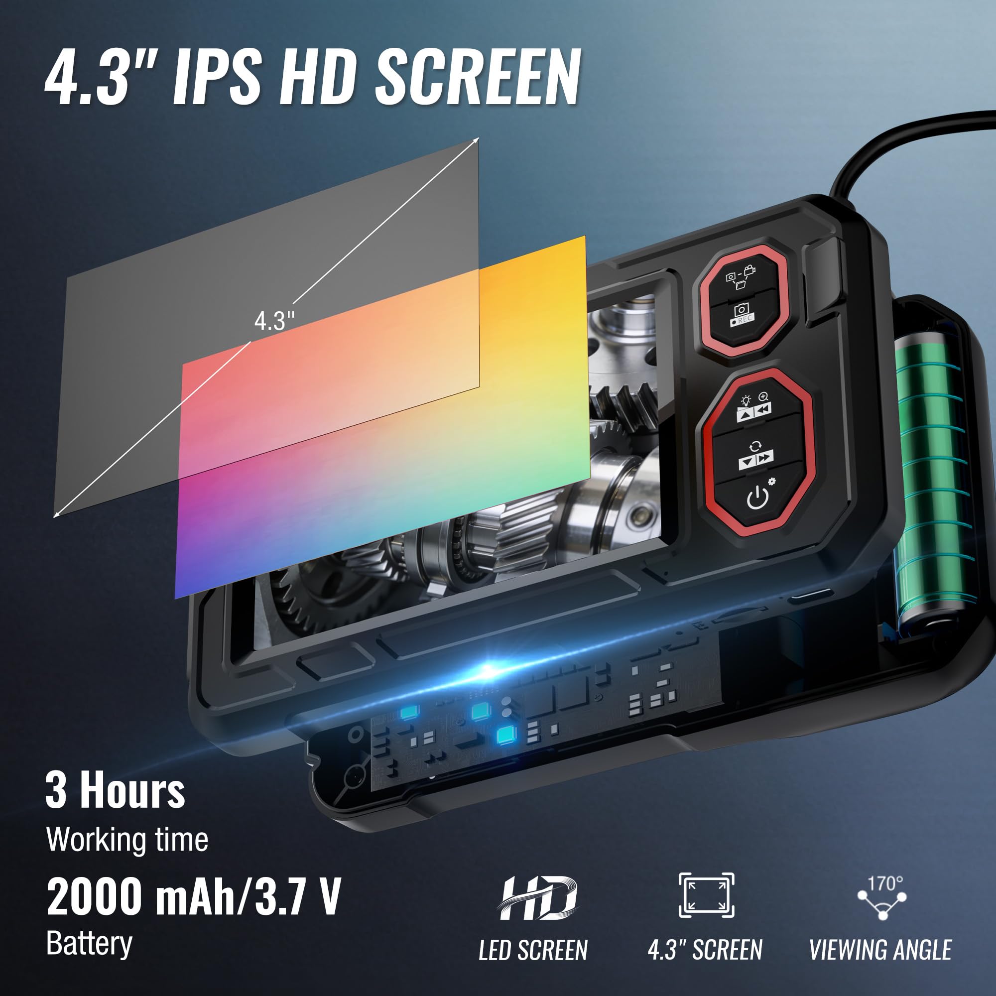 WORKPRO Cámara Endoscópica 1080P HD, Pantalla IPS 4,3", Boroscopio Digital Industrial con Tarjeta TF 32 GB, 8+1 LEDs, Cable Semirrígido 5M, IP67 para Inspección de Tuberías y Automóvil