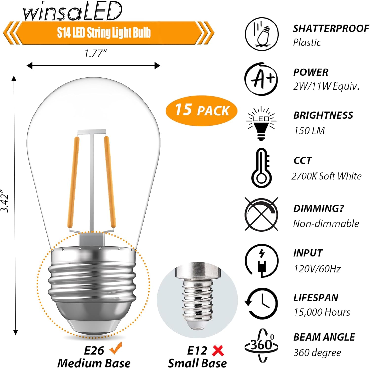 15 Pack Replacement Bulbs for String Lights, 2W S14 Shatterproof Waterproof LED Outdoor Light Bulbs, 2700K Soft White, E26 Base, AC120V, 150LM, Not Dimmable