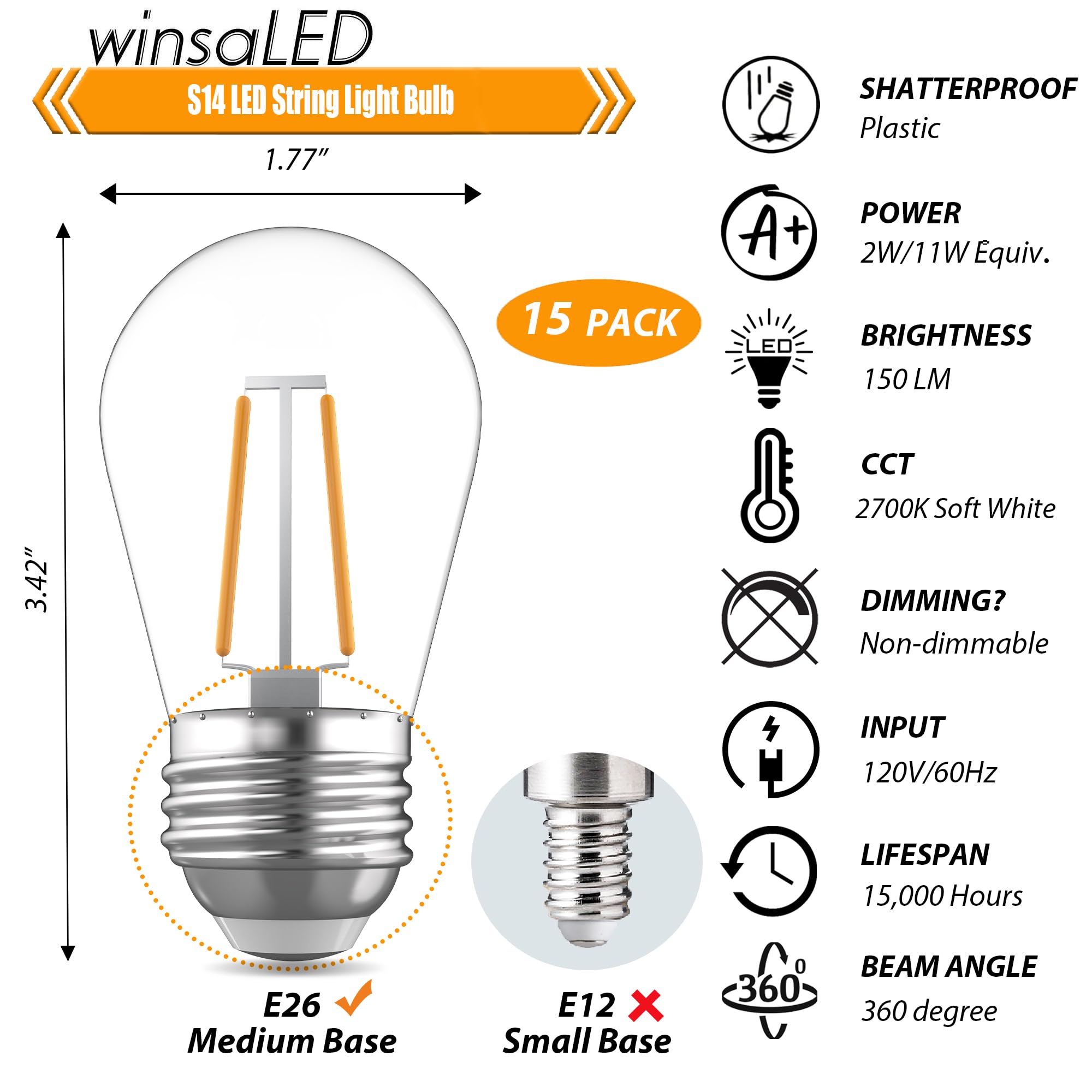 Paquete de 15 bombillas LED S14 para cadena de luces al aire libre, bombilla LED de 2 W inastillable para reemplazo de bombilla de iluminación de patio, 2700 K cálido, CRI90+, base mediana E26