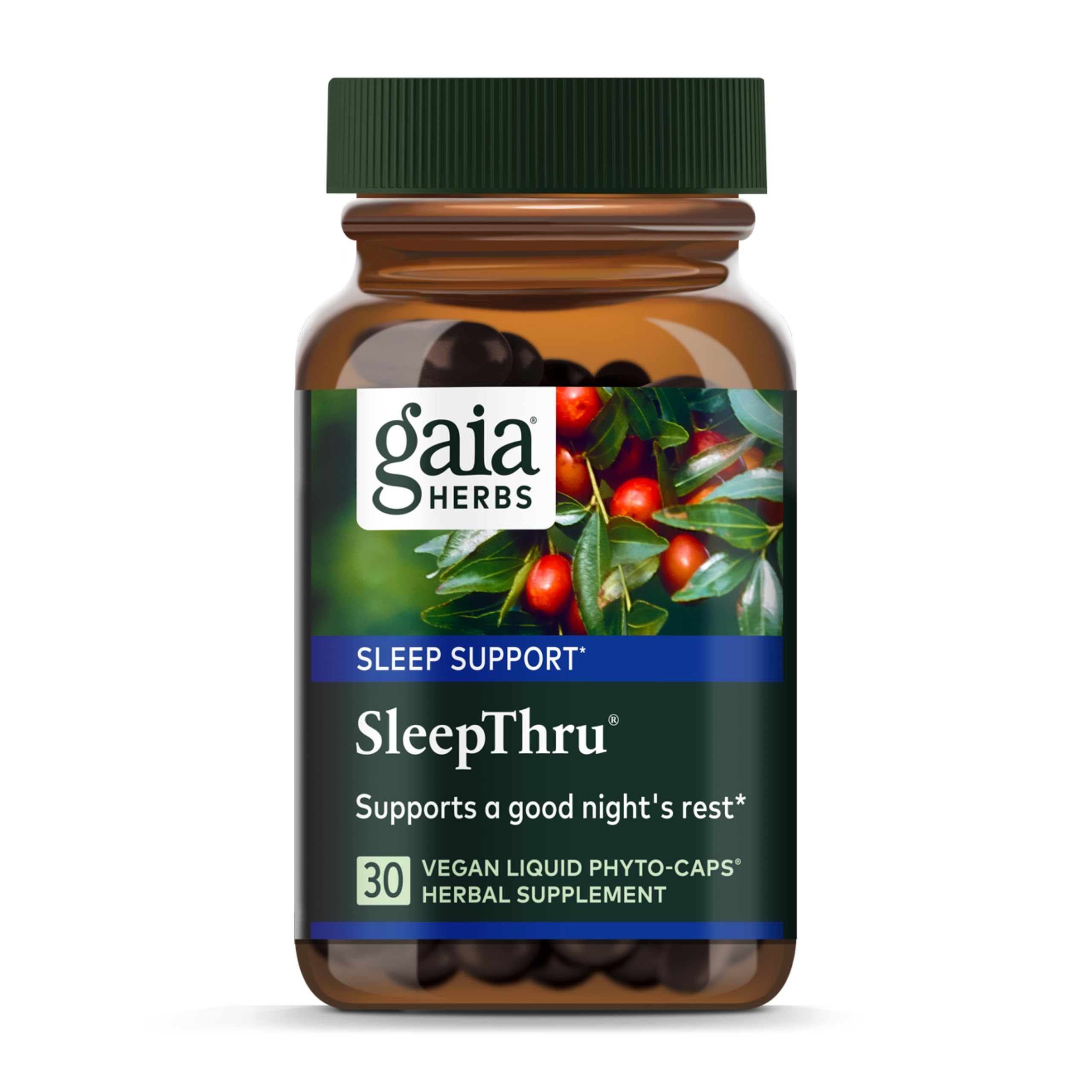 Gaia HerbsSleepThru - Natural Sleep Support Supplement with Organic Ashwagandha Root, Organic Magnolia Bark, Passionflower, and Jujube Date - 30 Vegan Liquid Phyto-Capsules (15-Day Supply)