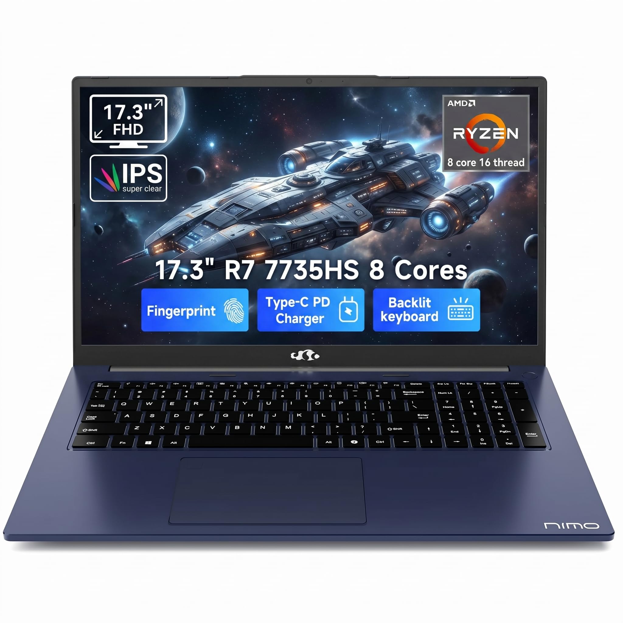 NIMO 17.3" Gaming Laptop, AMD Ryzen 7 7735HS (8C/16T, Up to 4.75GHz), 16GB DDR5 RAM, 1TB PCIe 4.0 SSD, 100W PD Fast Charging, FHD Display, Backlit KB, Fingerprint, SD Card Reader, Windows 11