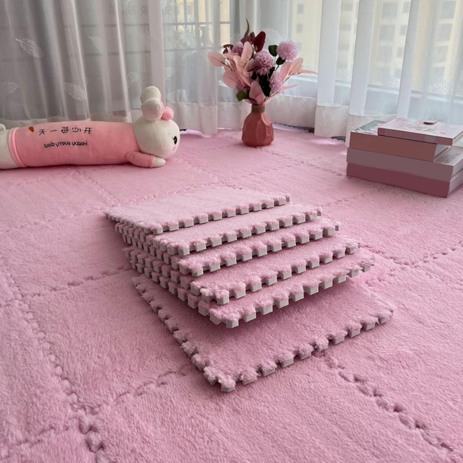 LNNNW Miękka Pluszowe maty puzzle Mata podłogowa z pianki blokującej, 10 sztuk maty piankowej do układania puzzli, miękkie pluszowe płytki dywanowe, pluszowe dywaniki(Pink,0.6cm)