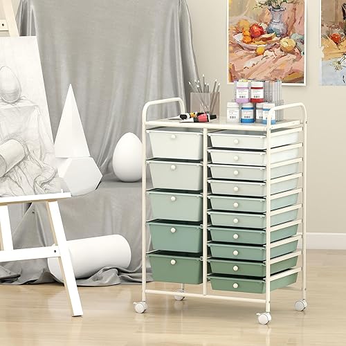 Miniatura 8 de LDAILY Carrito de almacenamiento con ruedas de 15 cajones, carrito rodante con cajones para aula, organizador de manualidades con ruedas con marco