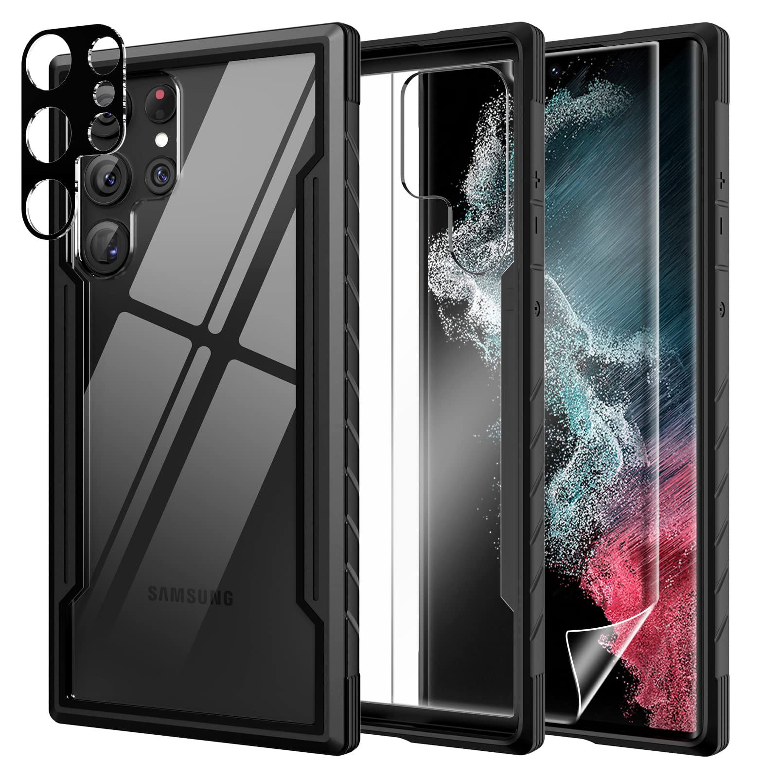 Hohosb for Samsung Galaxy S22 Ultra Case-Aluminum Frame-10 FT Drop Tested,S22 Ultra Case with 1 Pack Camera Lens Protector+1 Pack Soft Screen Protector,Shockproof-Slim for S22 Ultra Case 6.8" (Black)