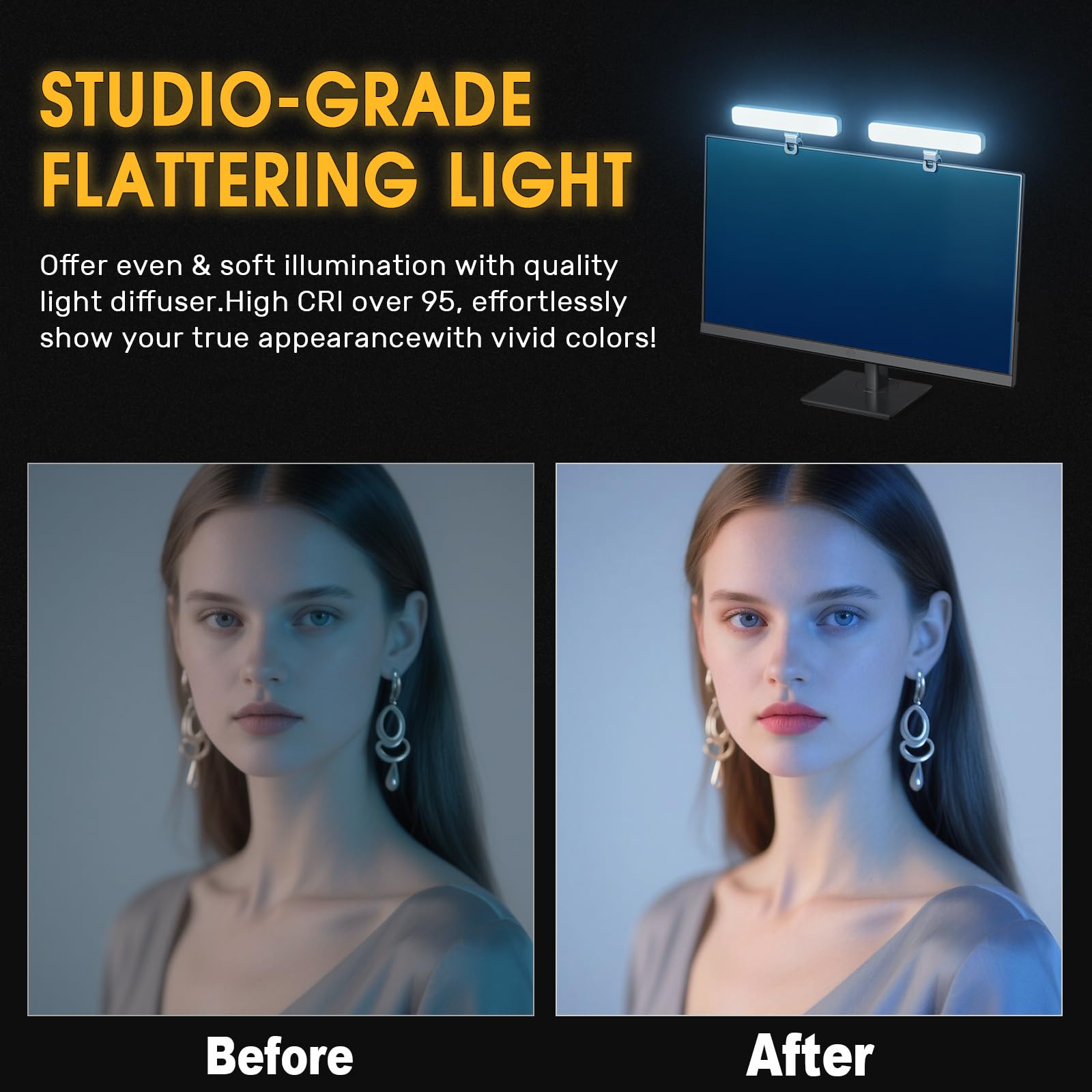ALTSON Luce per videoconferenza, 16 W, 2 pezzi, illuminazione zoom per monitor del computer, webcam e laptop, luce a LED per streaming a clip, luce ad anello da scrivania per registrazione video