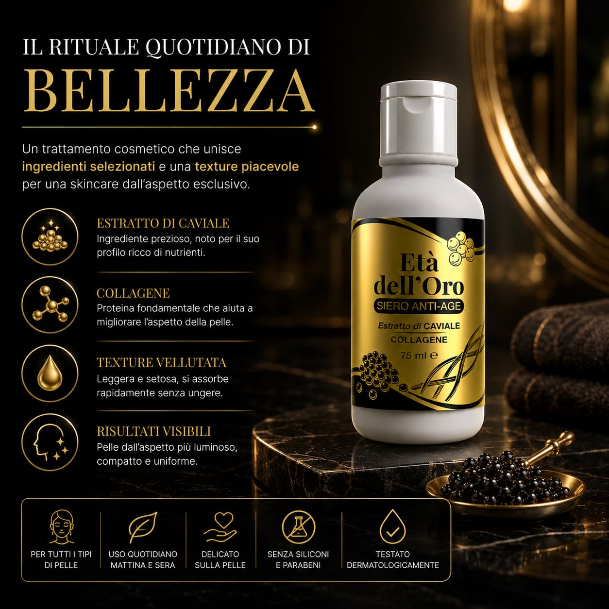 Età dell'Oro Crema Viso Antiage Oro Colloidale Caviale Collagene 225 ml | Oro colloidale, Estratto di caviale, Collagene marino, Acido ialuronico, Idratante, Rassodante, Antiage, 225 ml
