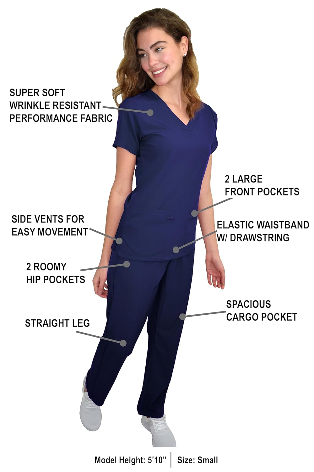 Green Town Scrubs for Women Scrub Set - V-Neck Top and Straight Leg Pant, 5 Pockets, Easy Care-Navy/Indigo-X-Small