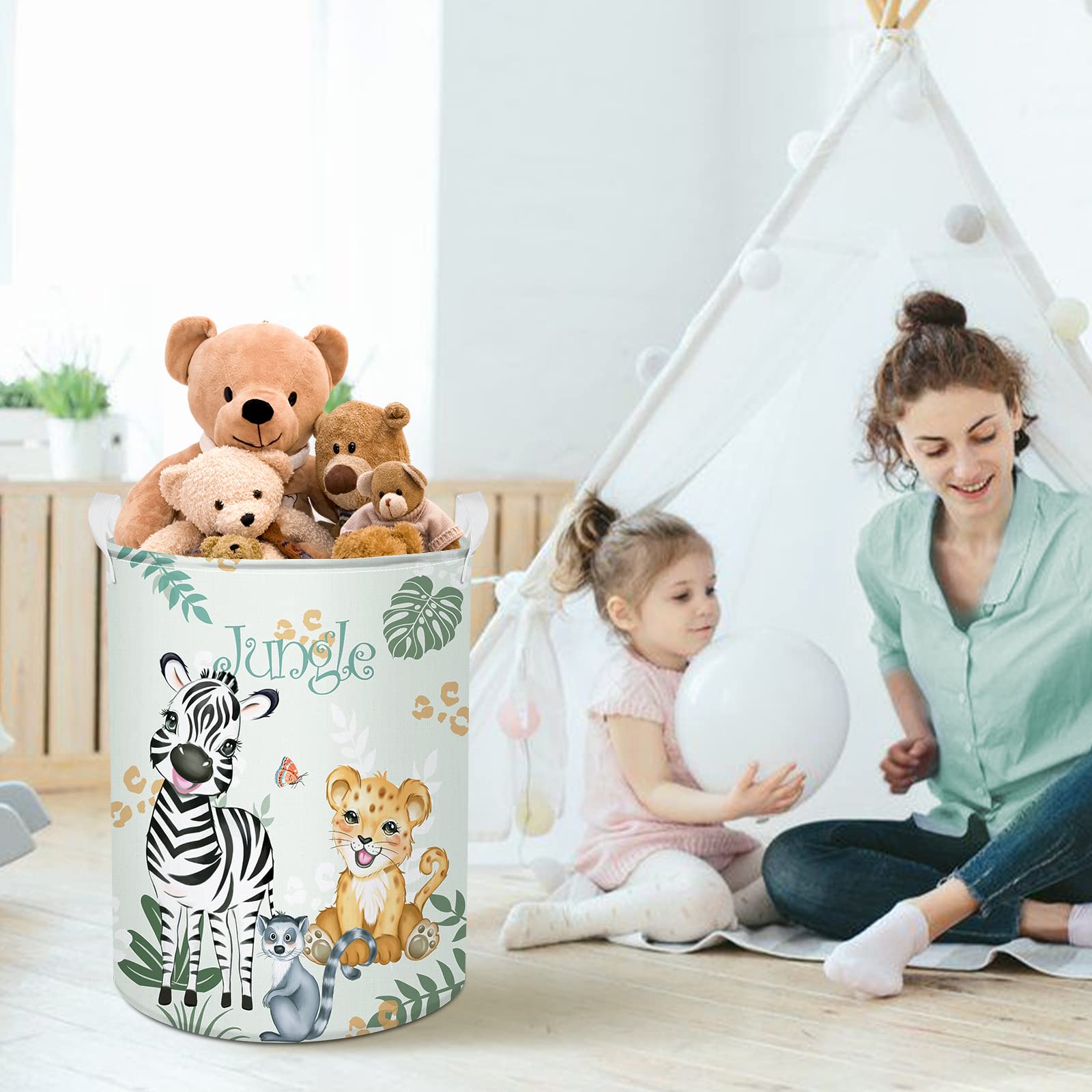 Baby-Wäschekorb Mit Safari-Muster – 43x35,5 Cm, Mit Kordelzug, Zusammenklappbar, Für Spielzeug Oder Kleidung