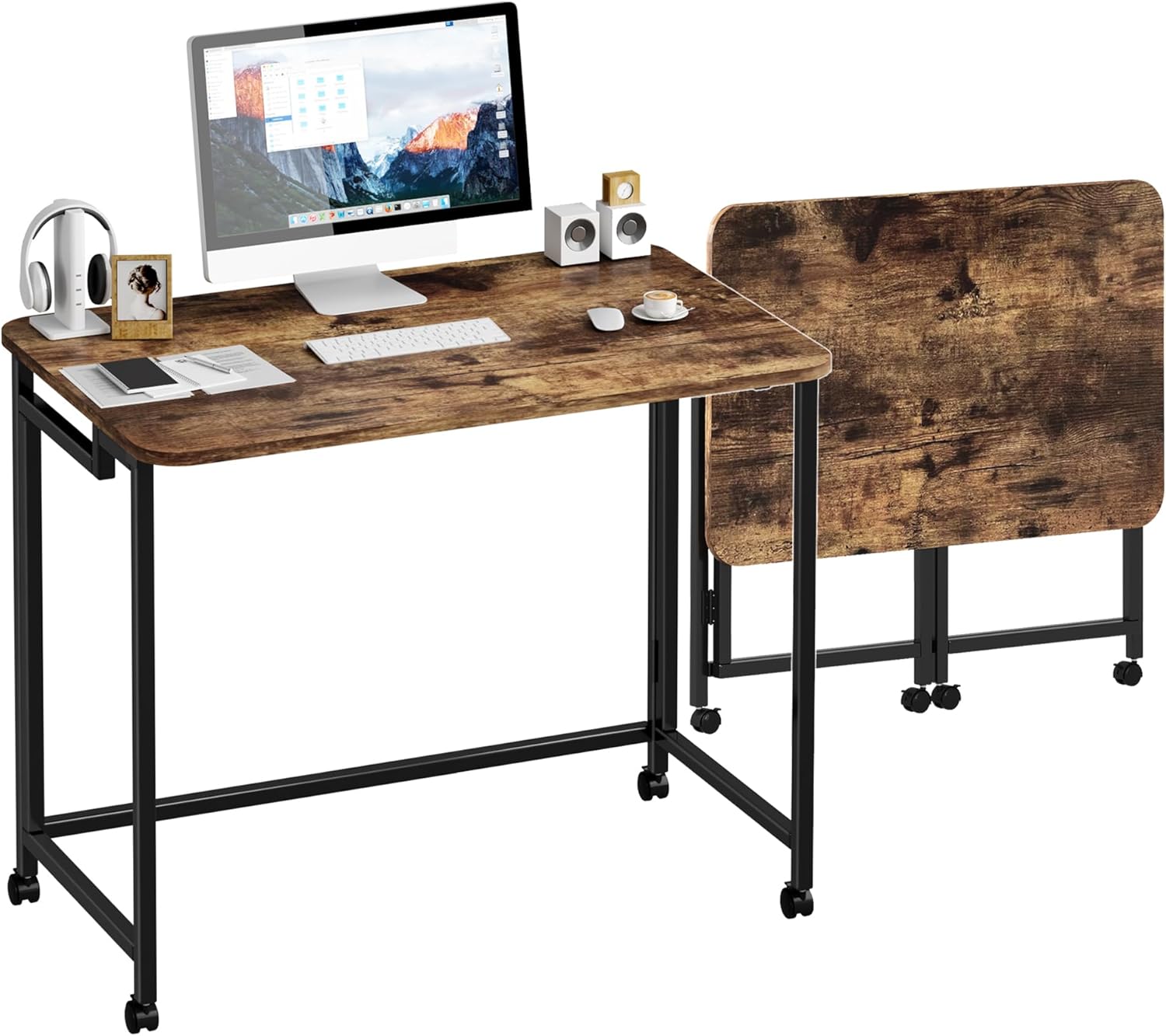 JSB Small Folding Computer Desk with Storage Bag and Hook Writing Modern Industrial Work Table Laptop for Home Office White (Rustic & Brown, 27.6")