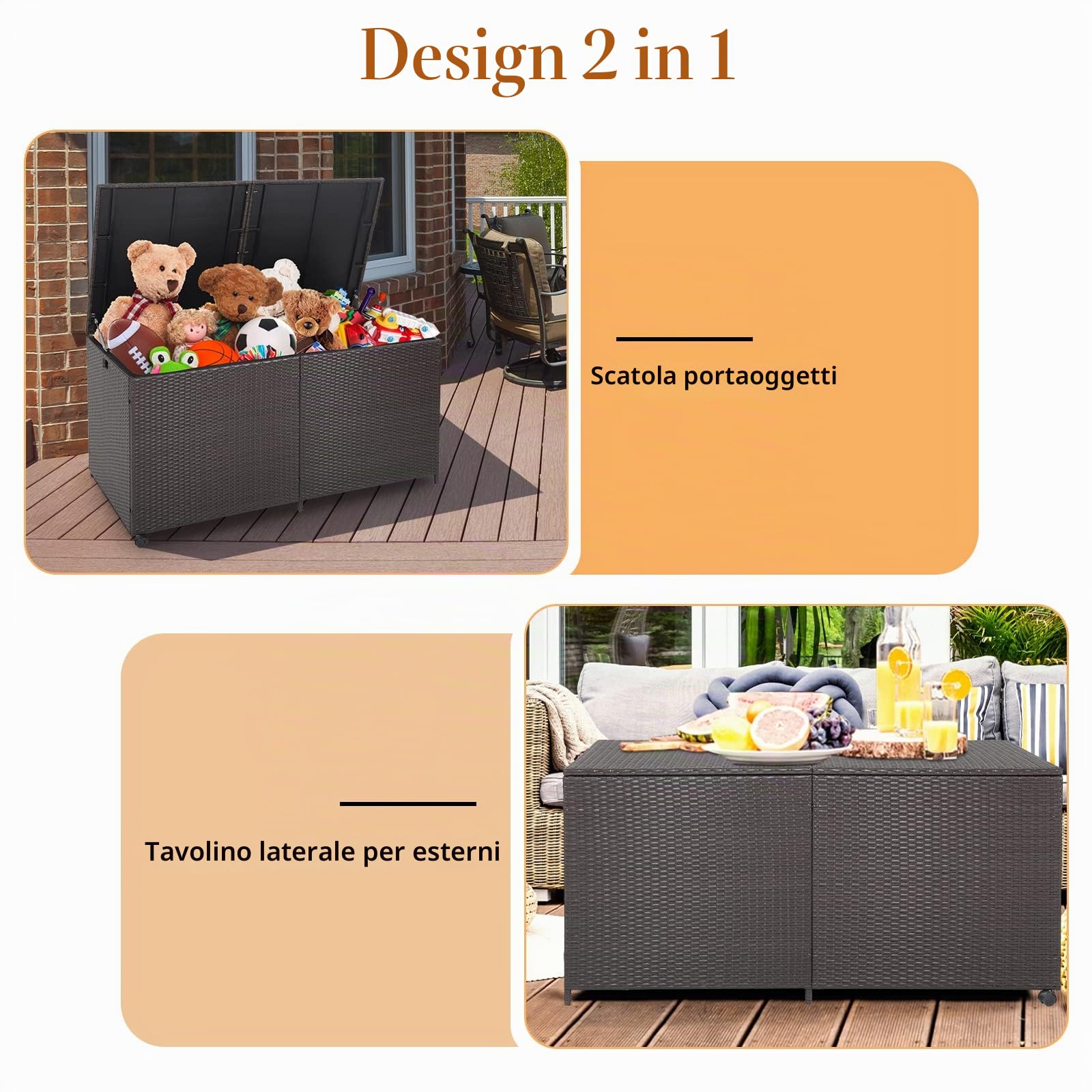 KOMFOTTEU Scatola portaoggetti per esterni, arrotolabile, in polyrattan, con maniglie, contenitore portaoggetti 150 x 77 x 72 cm, impermeabile con coperchio, contenitore con spazio ventilato