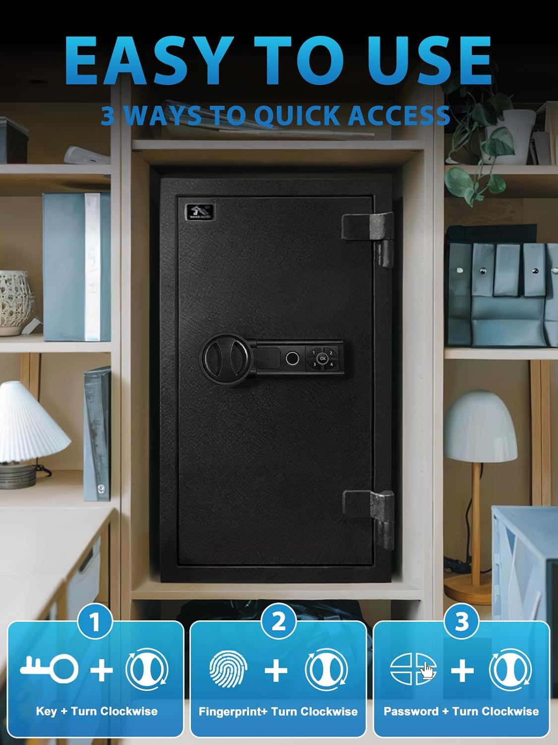 Diagram showing three ways to open the TIGERKING safe: Key + Turn Clockwise, Fingerprint + Turn Clockwise, and Password + Turn Clockwise.