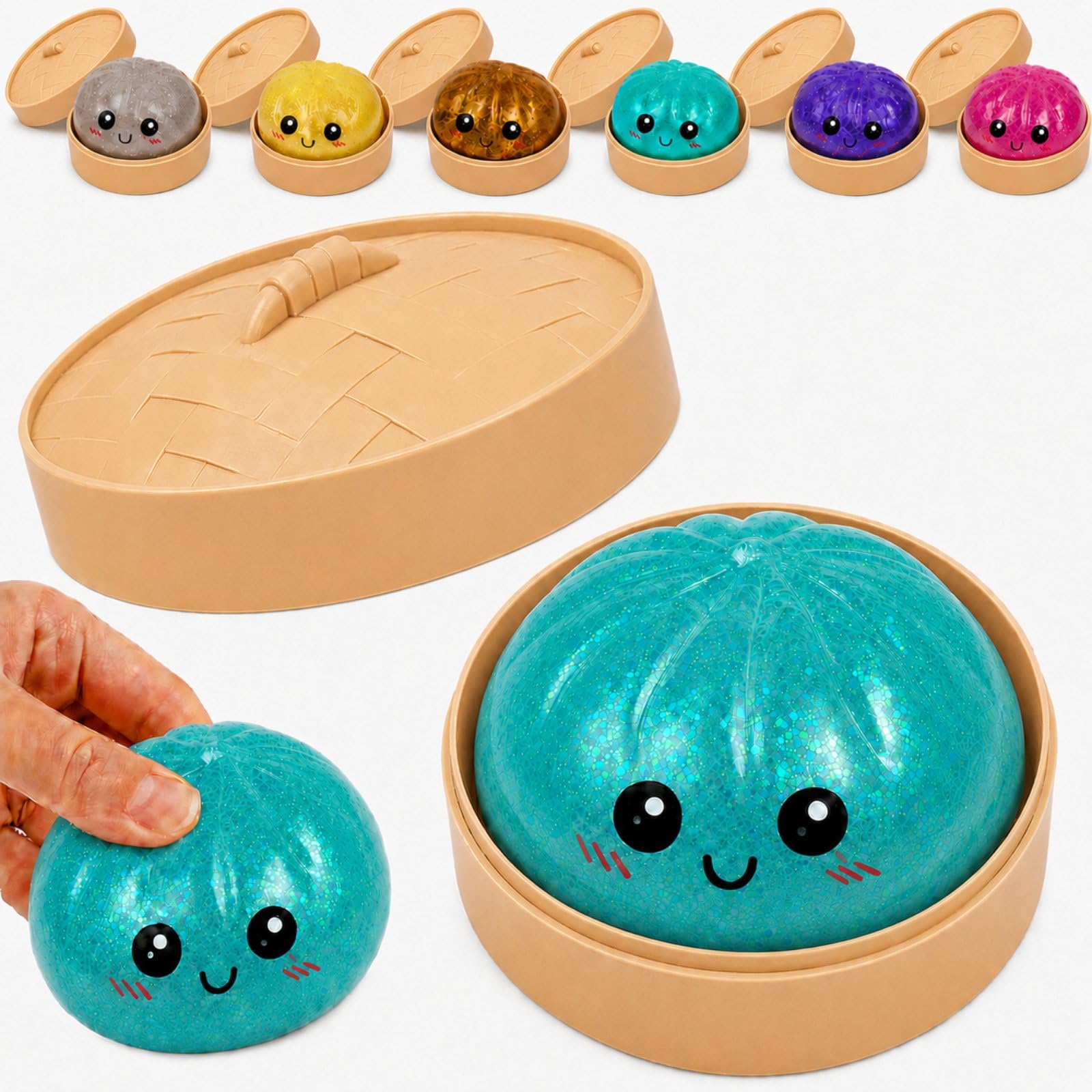 Glitter Dumpling Soft Squeeze Sensory Ornament, Slow Rising Dumpling Squishy for Stress Relief, with Mini Steamer Basket,Sparkling Novelty GIF(blue)