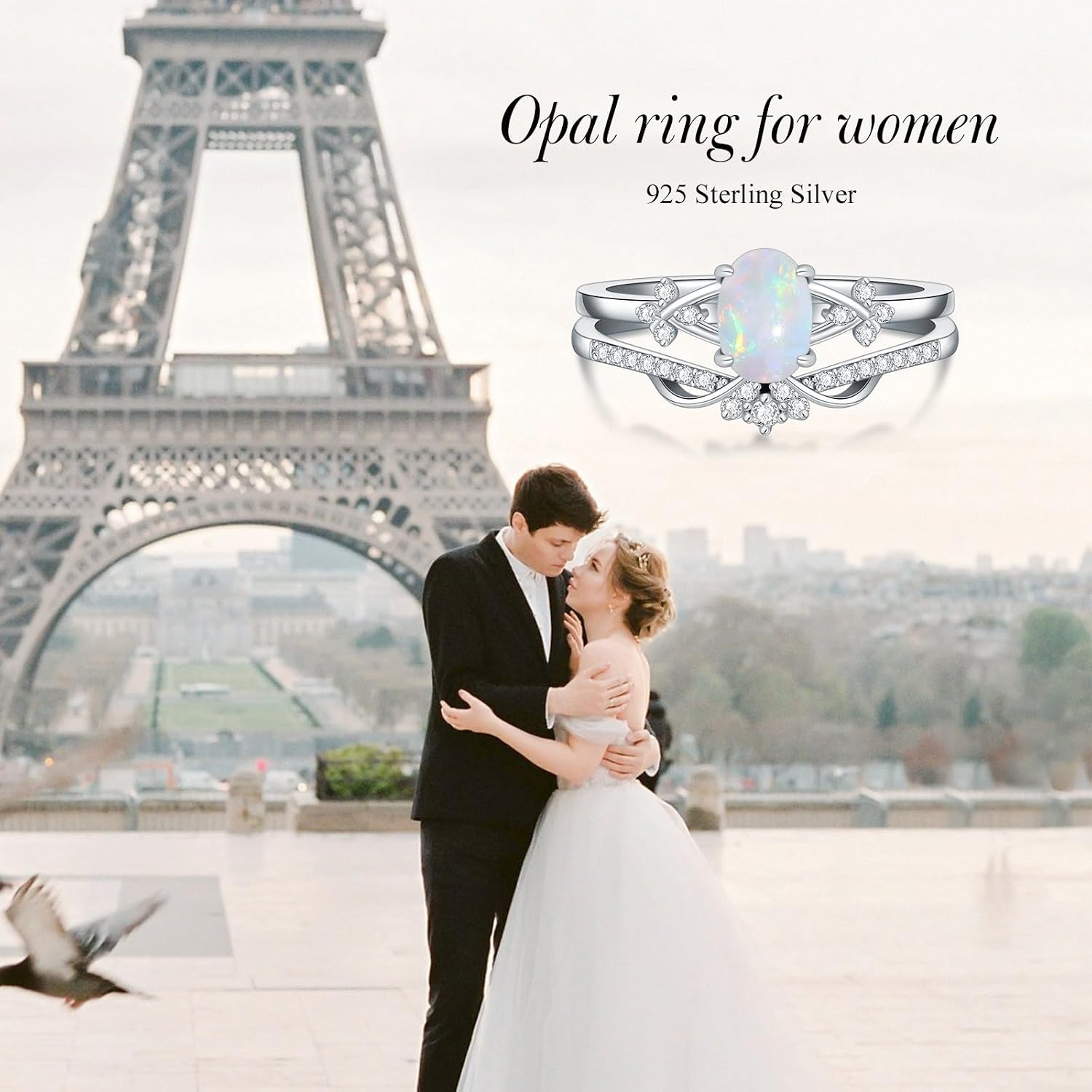 1CT Opal Rings for Women 925 Sterling Silver Oval Opal Engagement Ring Bridal Set with Cubic Zirconia Wedding Promise Ring Jewelry Gift for Her