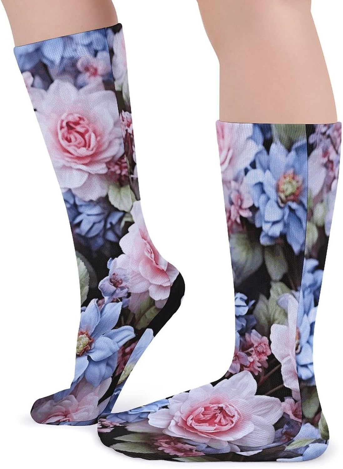 Blue And Pink Flowers Crew Socks Soft Thermal Socks | Socks for Men Women-Casual Wicking,High Stocking for Sports Running-Long Thin Tube Sports Breathable