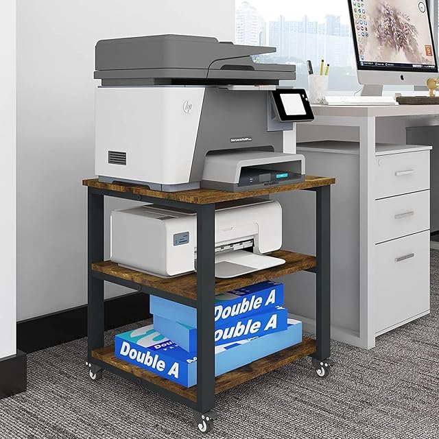 PUNCIA 3-Tier Movable Laser Printer Cart Large Machine Stand Under Desk Heavy Duty Rolling Table with Storage Floor-Standing Rack on Wheels Paper File Organizer Shelf for Home Office