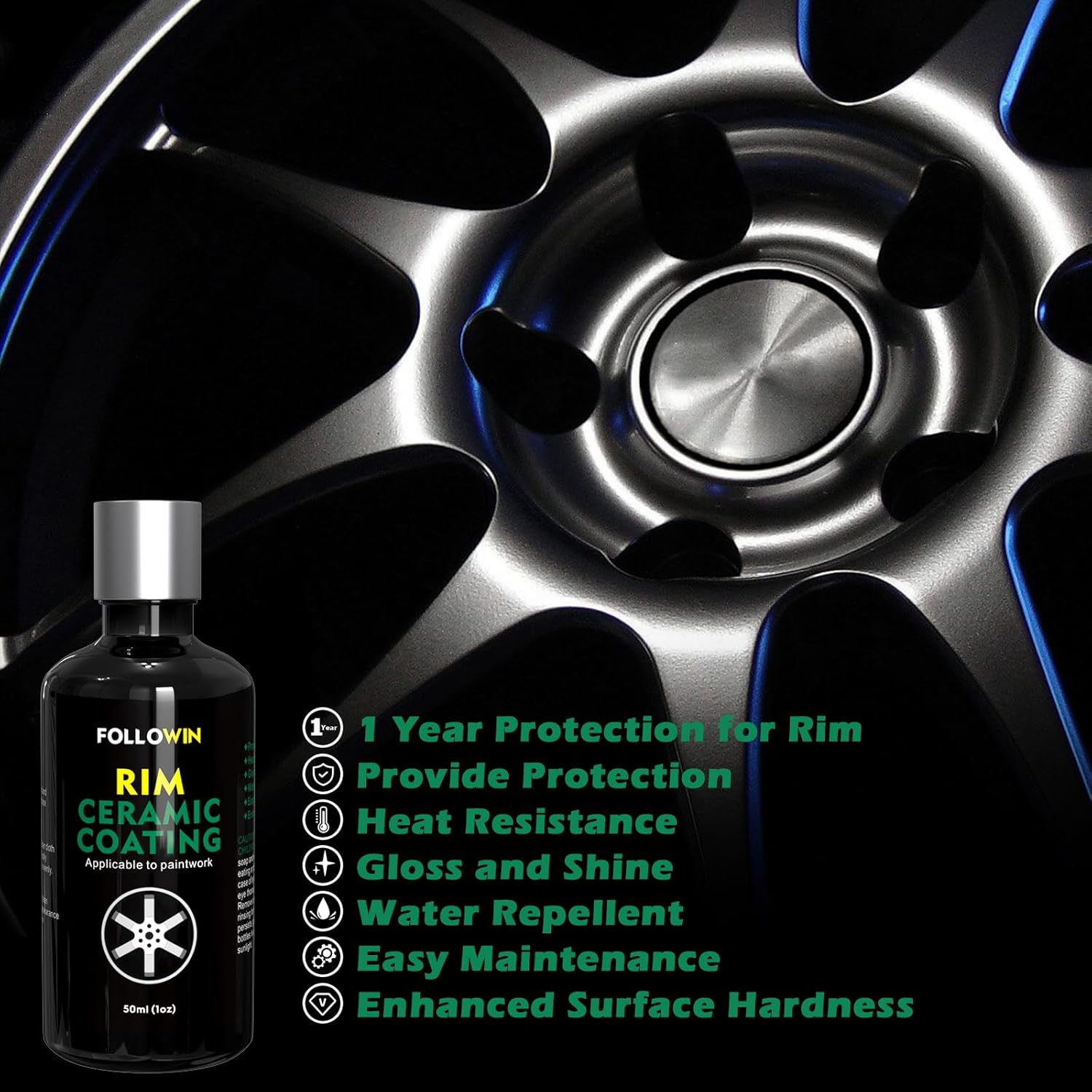 FOLLOWIN Wheel Rim Ceramic Coating Kit - Repels Brake Dust, Dirt, Stains & Water - Hydrophobic Ceramic Coating for Wheels, 50ml - Ceramic Coat Protection for Alloy & Metal Rims - Image 2