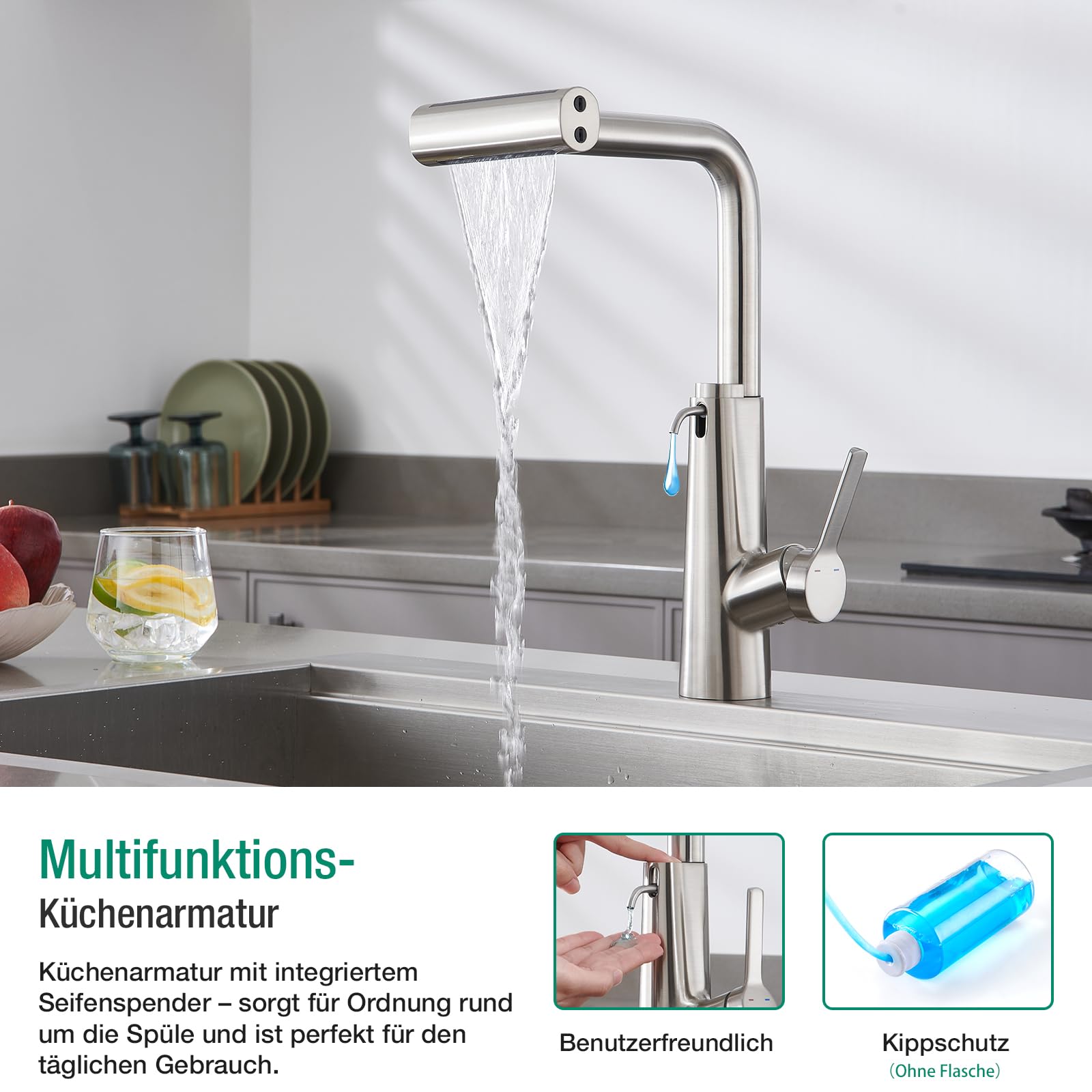 CREA Wasserfall Wasserhahn Küche Ausziehbar,Mischbatterie mit Seifenspender | 360° Drehbar Edelstahl Küchenarmatur mit 4 Strahlarten Brause,Einhebel küchenwasserhahn mit Seifenspender,Gebürstet