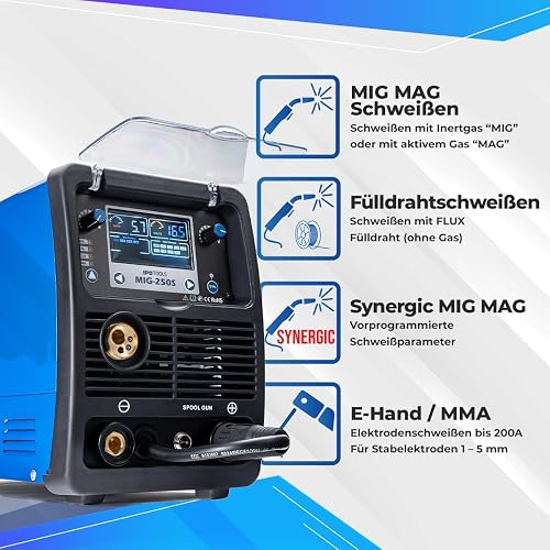IPOTOOLS MIG-250S MIG MAG Synergy Soldering Machine - Synergy MIG Soldering Machine with 250A 230V IGBT, 5 in 1 MIG Flux MMA Electrodes, Portable Welding Station, 7 Year Warranty - 2