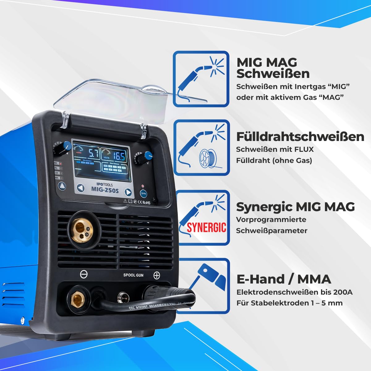 IPOTOOLS MIG-250S 5in1 MIG MAG Schweißgerät - Synergic Schutzgas Schweissgerät mit 250 Ampere FLUX Fülldrahtschweißgerät ohne Gas Elektroden/E-Hand geeignet/Digital/IGBT / 230V / 7 Jahre Garantie