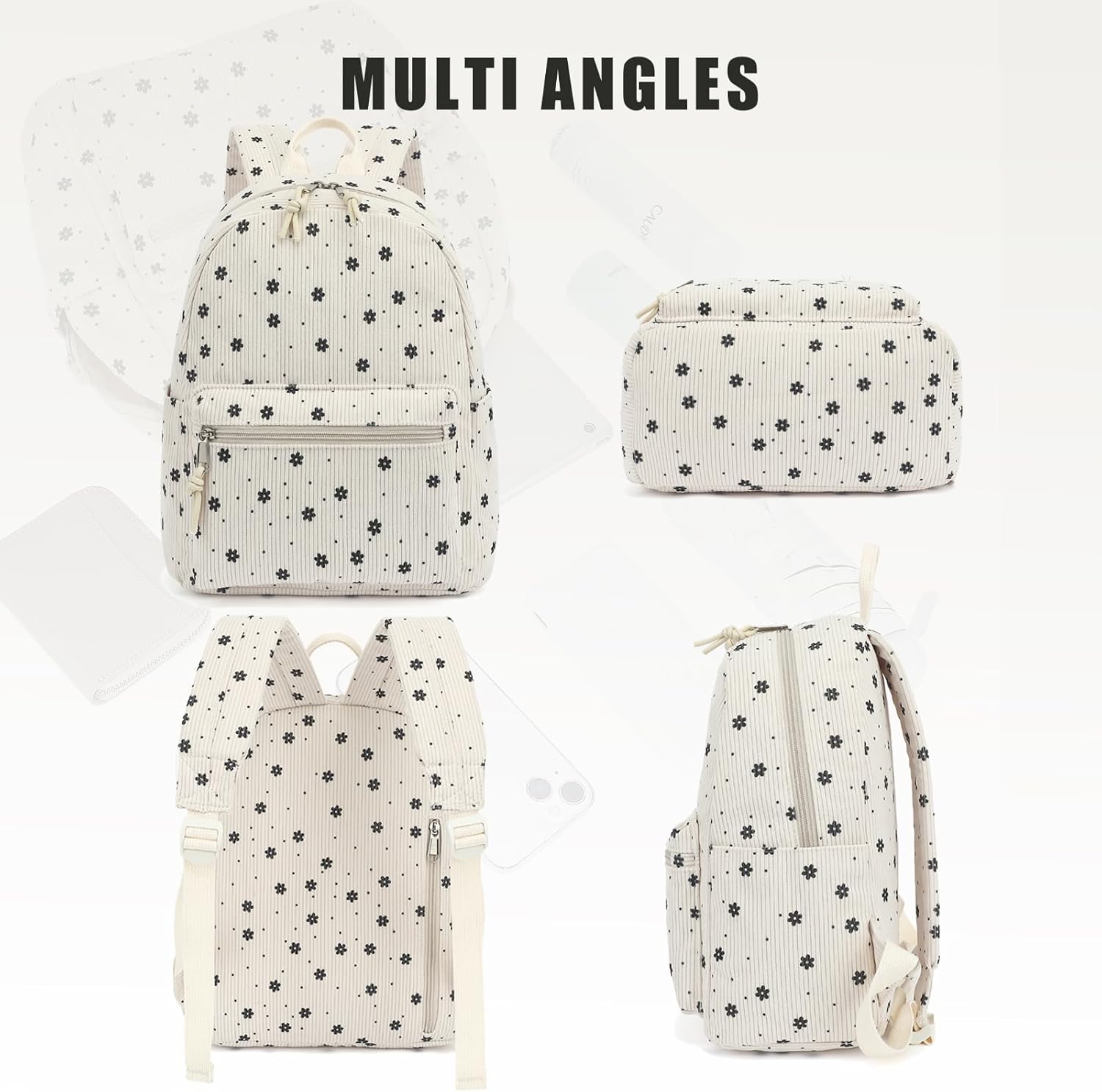 Corduroy Womens Mini Backpack Girls Small Backpack Purse Fashion Casual Daypack School Bookbag (Floral Beige) - Image 6