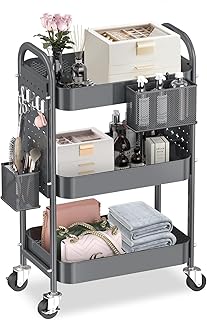 ALVOROG 3 Tier Rolling Cart with DIY Pegboards Metal Utility Cart with Wheels Handles Baskets Hooks, Storage Cart for Office Kitchen Bathroom(Gray)