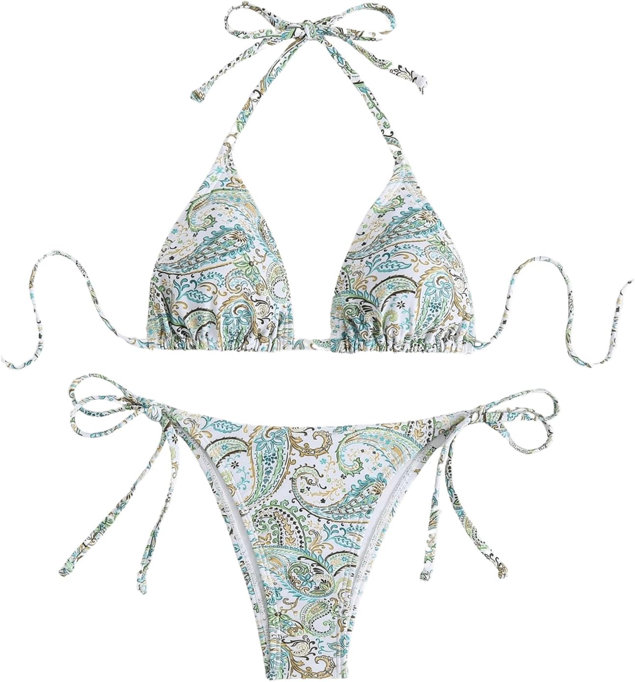 GORGLITTER Women's Floral Bikini Set Triangle Halter String Thong Paisley Boho Swimsuit Beach Vacation Summer Outfits