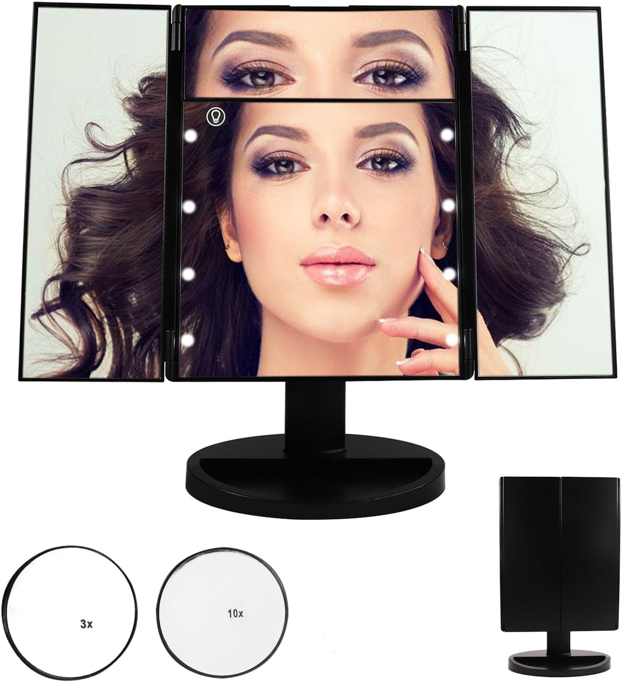 MAVIE LED Mirror, Tri-Fold Lighted Vanity Mirror 8LED Lights Makeup Mirror with Touch Screen, 3X 5X 10X Magnification Mirror, USB Charging Cosmetic Mirror for Bathroom/Travel/Make-up Room