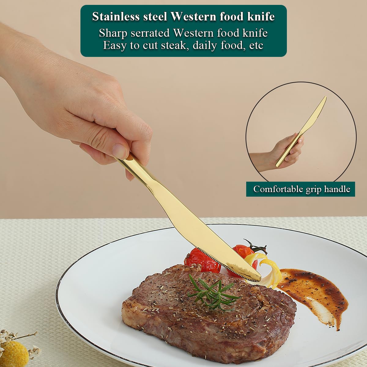 Evanda Set di coltelli da bistecca in oro 12 pezzi, coltelli da tavola in acciaio inox placcati in titanio, set di coltelli da burro, set di posate in argento, set di posate, lavabili in lavastoviglie