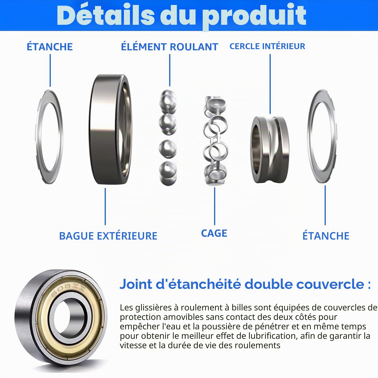 50 Pièces Roulement 608ZZ, 8x22x7mm Roulements à Billes 608 ZZ Roulements Métal Double Blindage Roulement pour Skateboards, Rollers, Rollers en Ligne