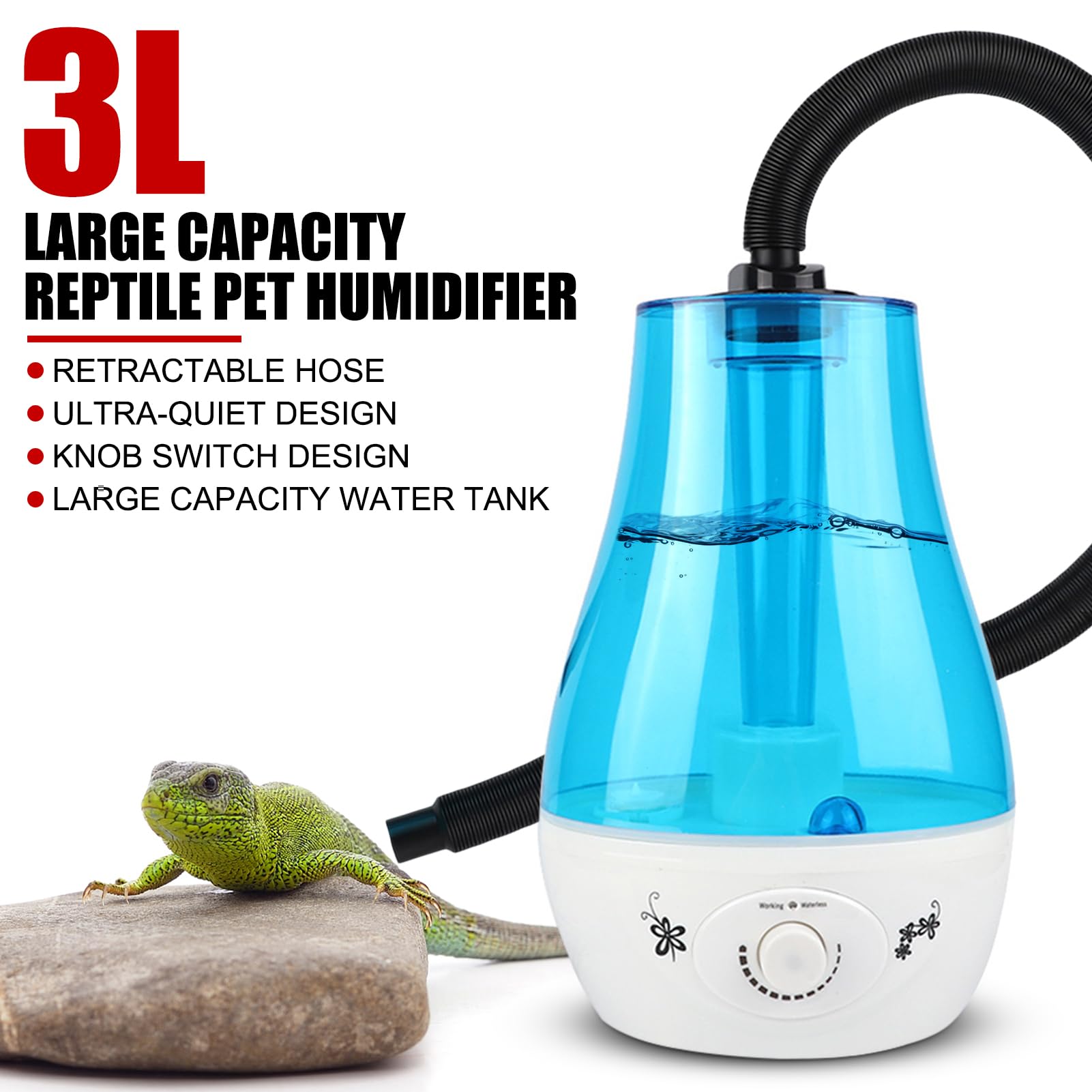 Humidificador de Reptiles, nebulizador de Reptiles con Tanque Grande de 3 l y Tubo de extensión, Ideal para una Variedad de Reptiles, Anfibios y recinto de terrarios(Normativas Europeas)