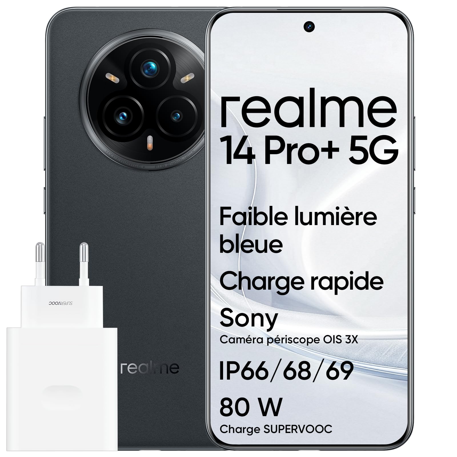 realme 14 Pro+ Smartphone Android, Batterie 5260 mAh, écran 6,83" 120 Hz, IP69, Qualcomm Snapdragon 7s Gen 3 5G, Appareil Photo Sony IMX896 avec OIS, 8+256 GB, Gris (avec Adaptateur)