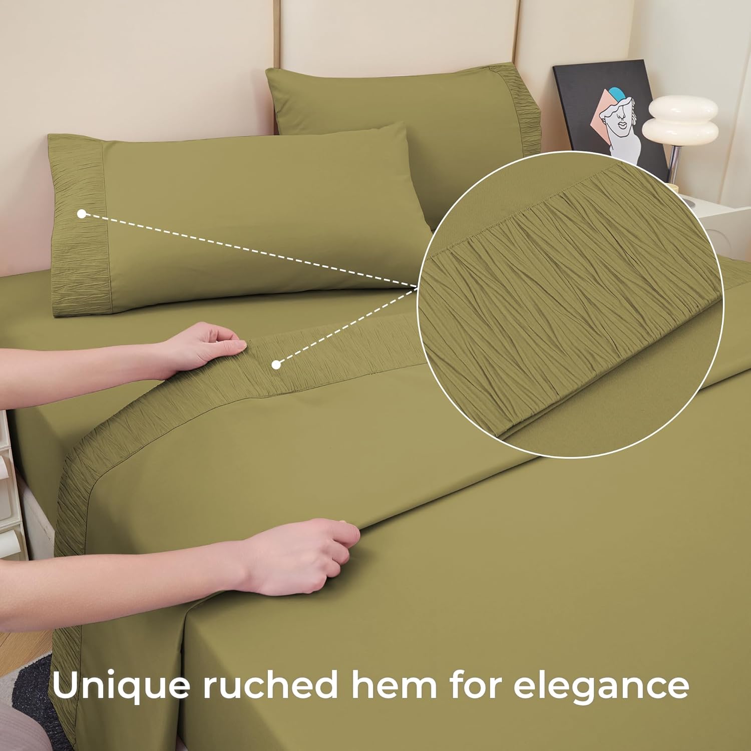 Queen Sheets, Soft Army Green Microfiber Cooling Sheets with Corner Straps, Olive Deep Pocket Luxury Hotel Cozy Bedding Set