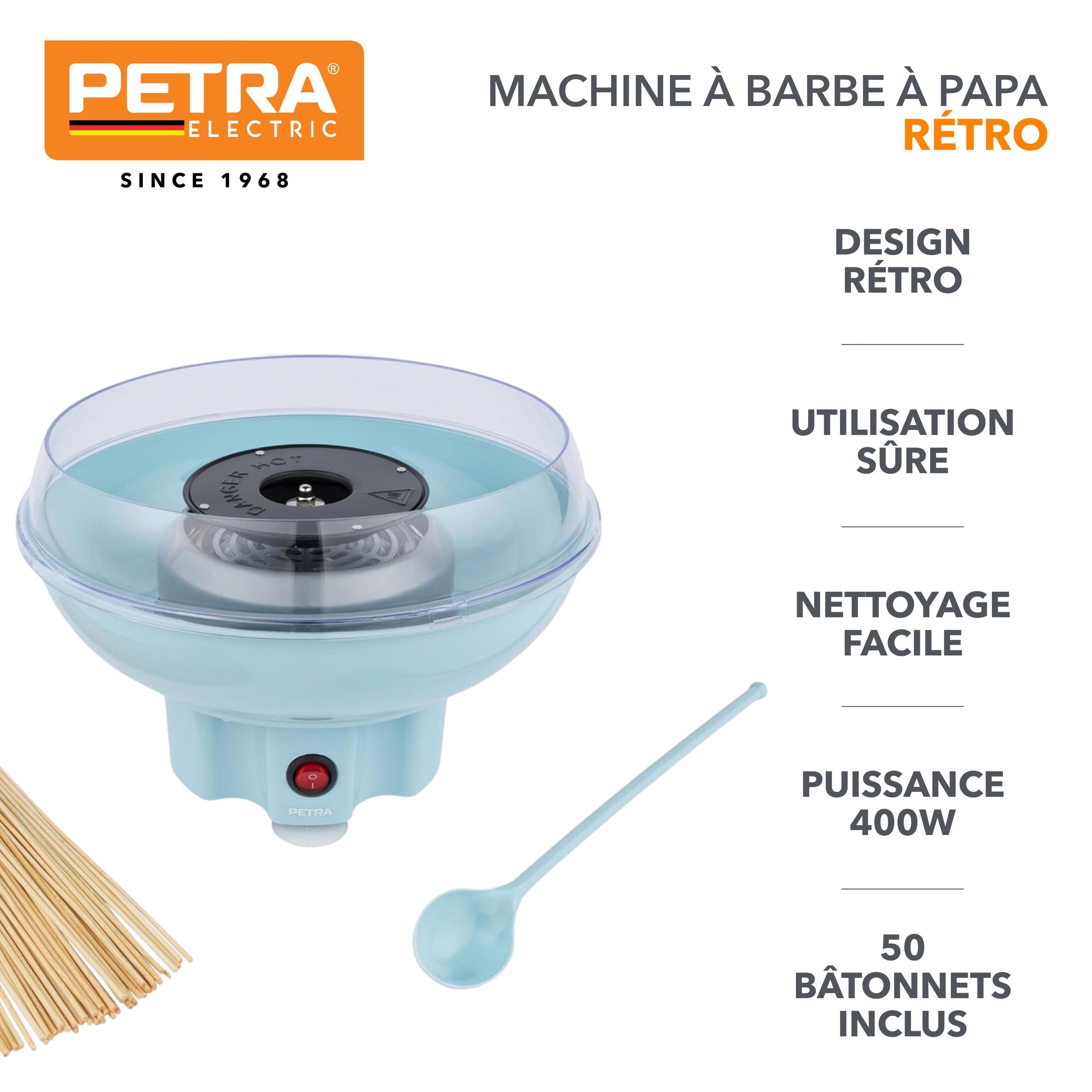 Petra Machine à Barbe à Papa, Sans BPA, 50 bâtonnets & cuillère doseuse Incluse, Utilisez du Sucre Ordinaire ou Bonbons Durs sans Sucre, Appareil Cotton Candy Bleu, Design Rétro , 400W