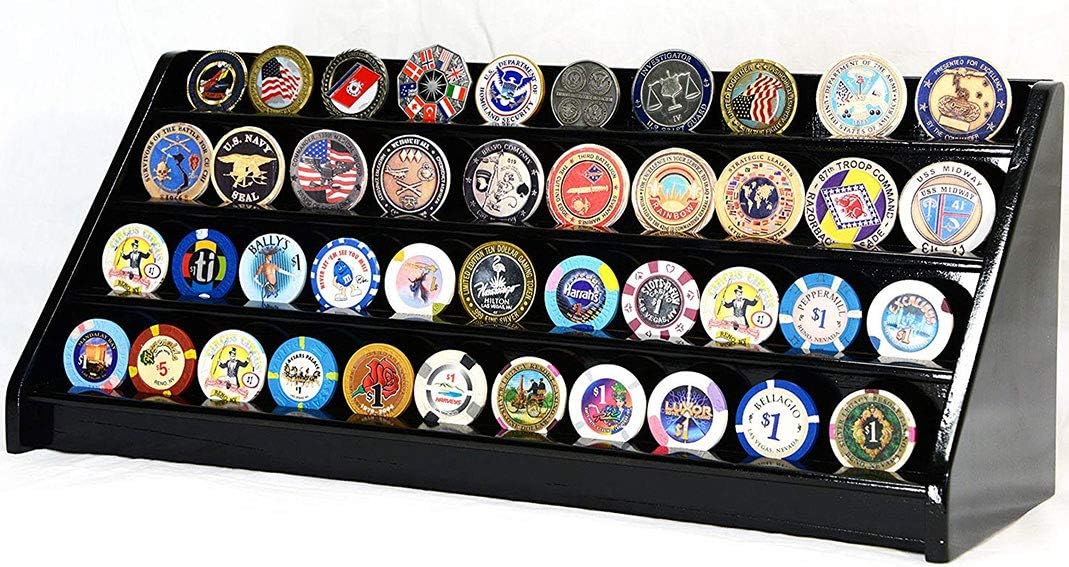 flag connections 4 Rows 40 Challenge Coin Casino Chip Display Case Rack Holder Stand for Table Shelf Desk Black