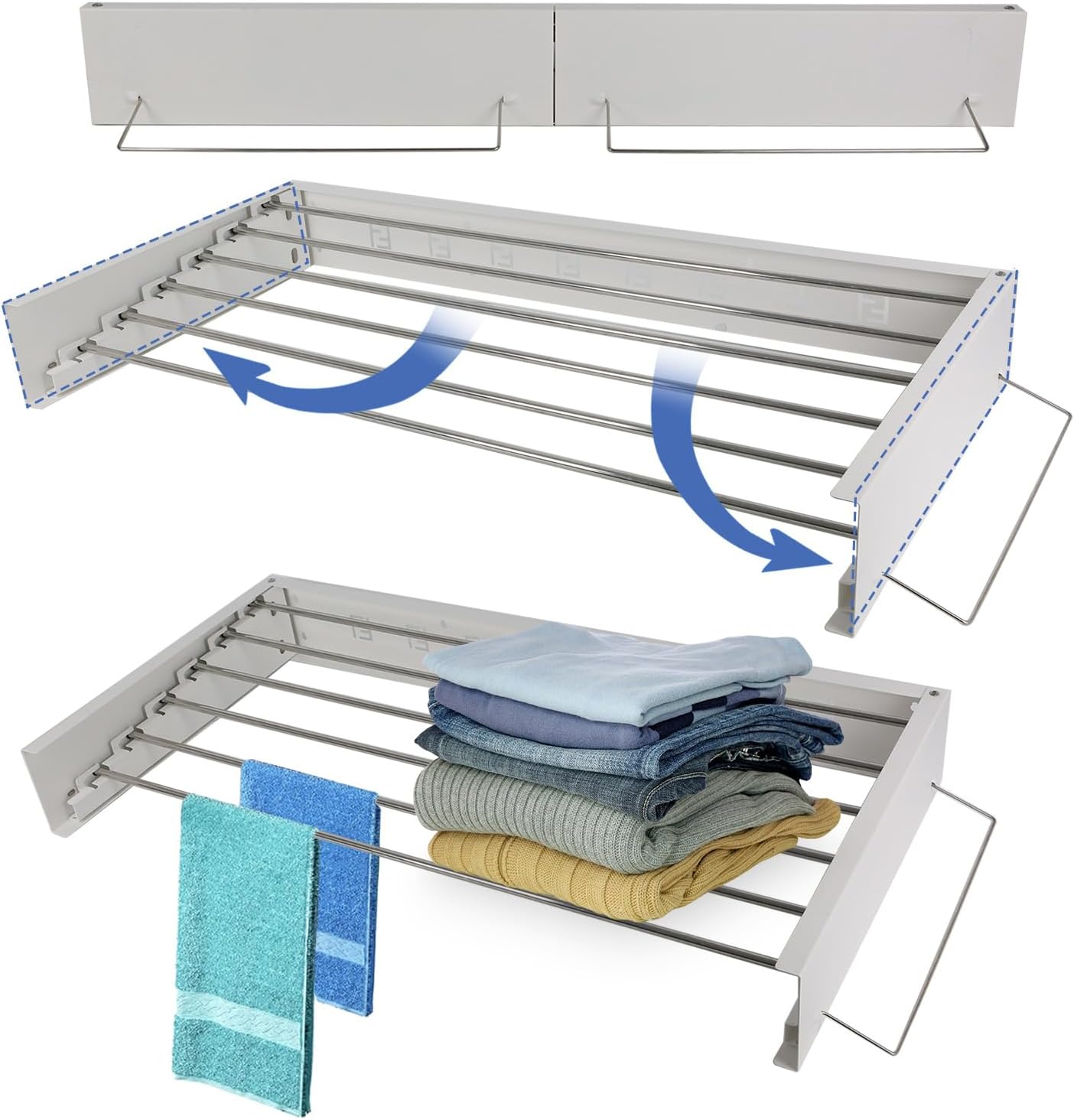 Step Up Clothes Airer, Hide Wall Dryer, Stainless Steel, Extendable Clothes Airer for Wall Mounting, Foldable, 50 kg Load Capacity for Bathroom, Bedroom, Balcony, Patio, Garden & Pool (White, 100 cm)