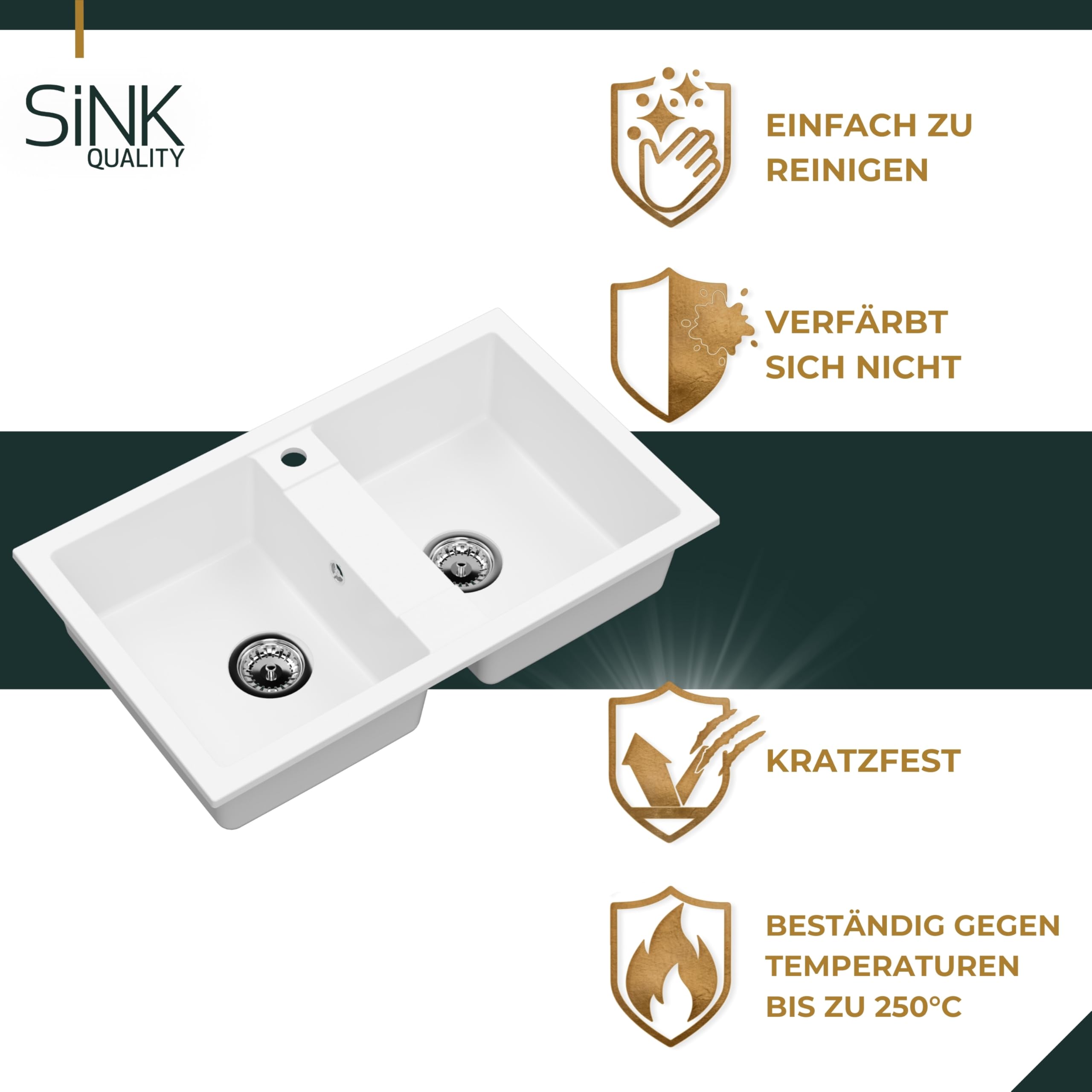 SINK QUALITY Doppel Spülbecken schwarz 78x48 cm, Doppelspüle mit Siphon und Imprägniermittel, Granitspüle 2 Becken - Küchenspüle ab 80er Unterschrank