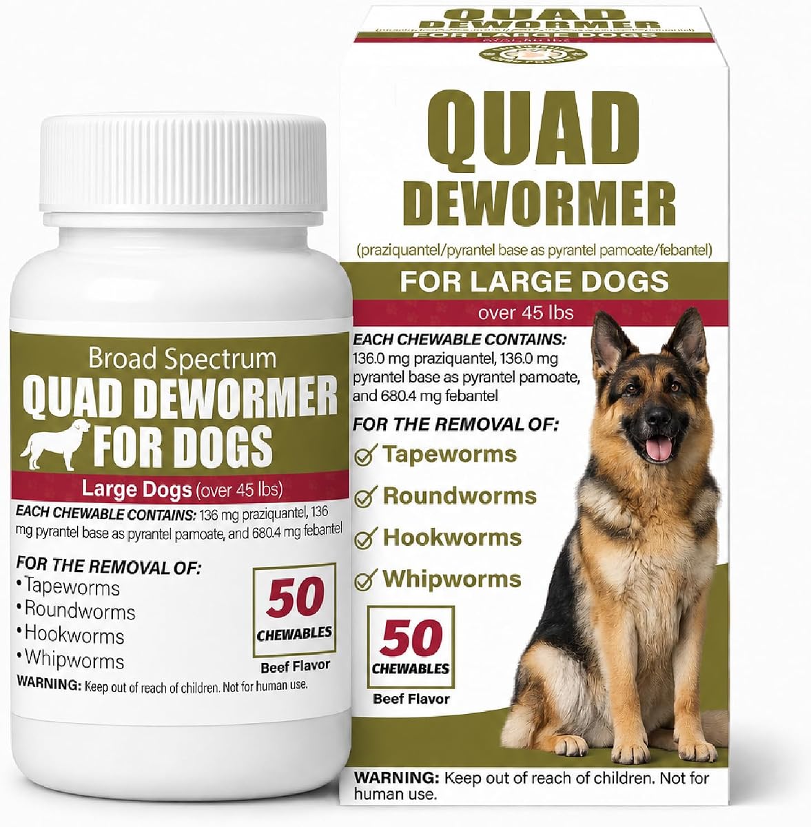 Desparasitante cuádruple masticable para perros de más de 45 libras, desparasitante oral para lombrices intestinales, tenias, anquilostomas y tricocéfalos, 50 masticables con sabor a carne