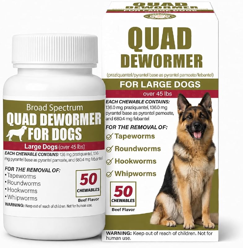 Desparasitante cuádruple masticable para perros de más de 45 libras, desparasitante oral para lombrices intestinales, tenias, anquilostomas y tricocéfalos, 50 masticables con sabor a carne