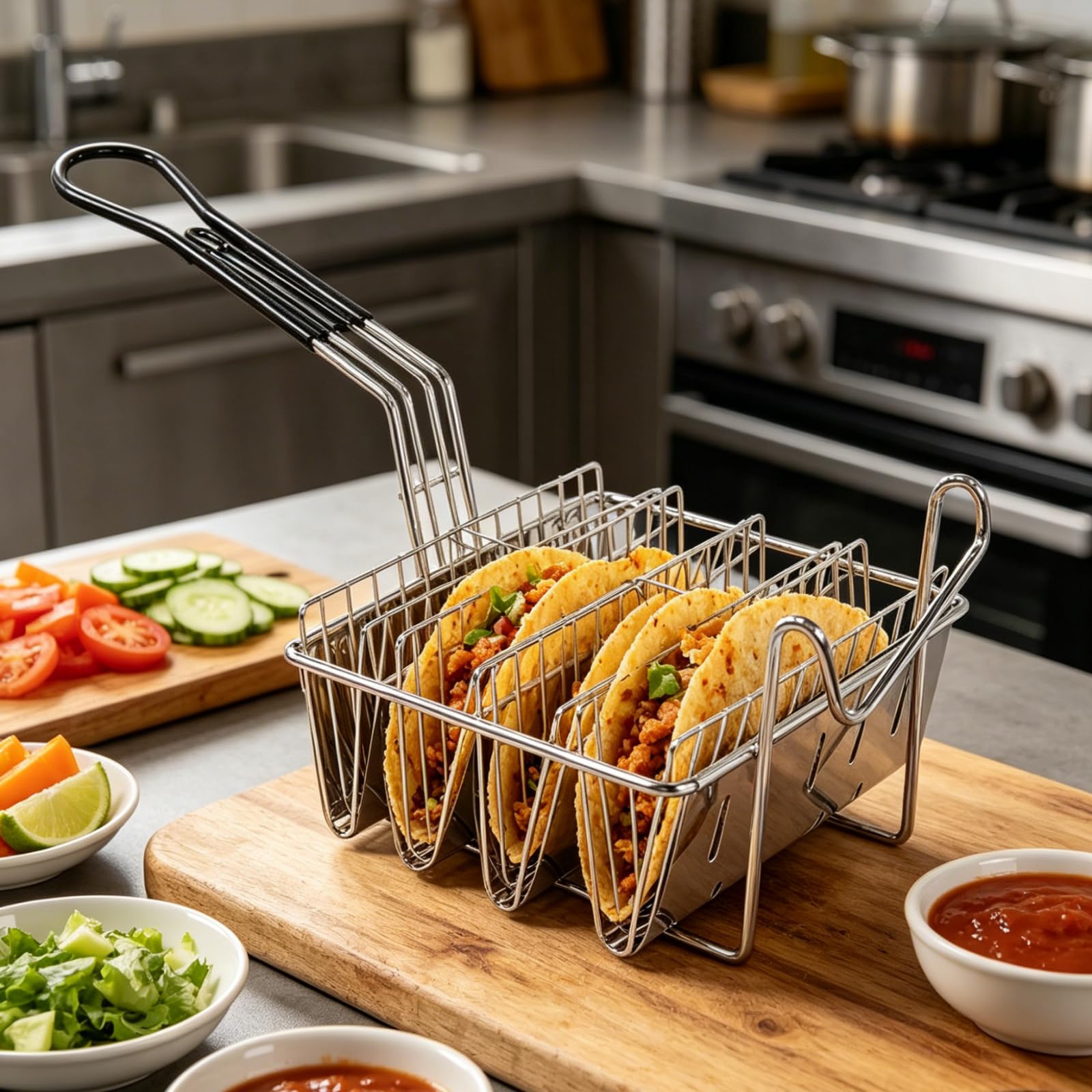 Cesta para Freidora de Tacos para 4 Conchas, Soporte para Taco de Acero Inoxidable con Asas, para Cocina