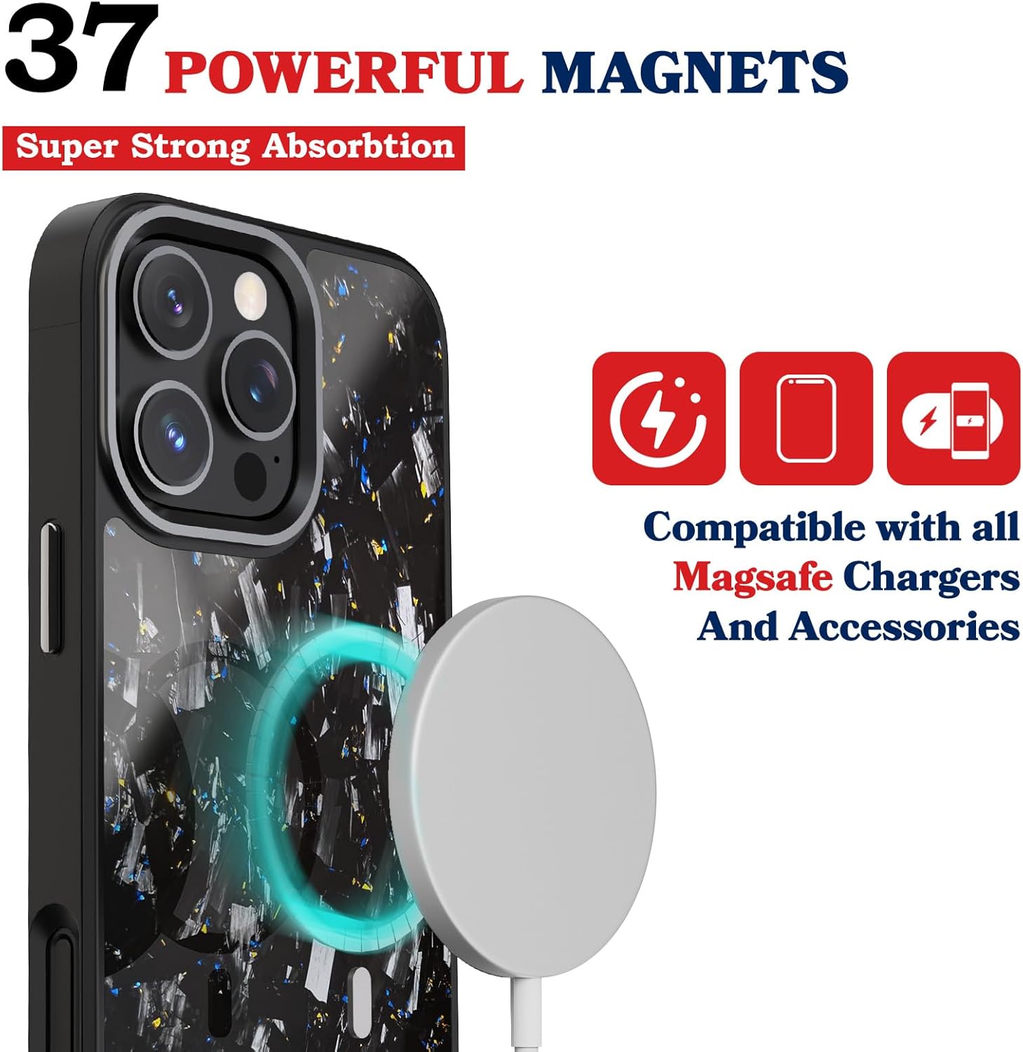 Genuine Forged Carbon Fiber Case for iPhone 16 Pro, Built-in Magnets, Compatible with MagSafe, Military Grade Drop Protection, Shockproof Phone Cover - Glossy Gold/Blue