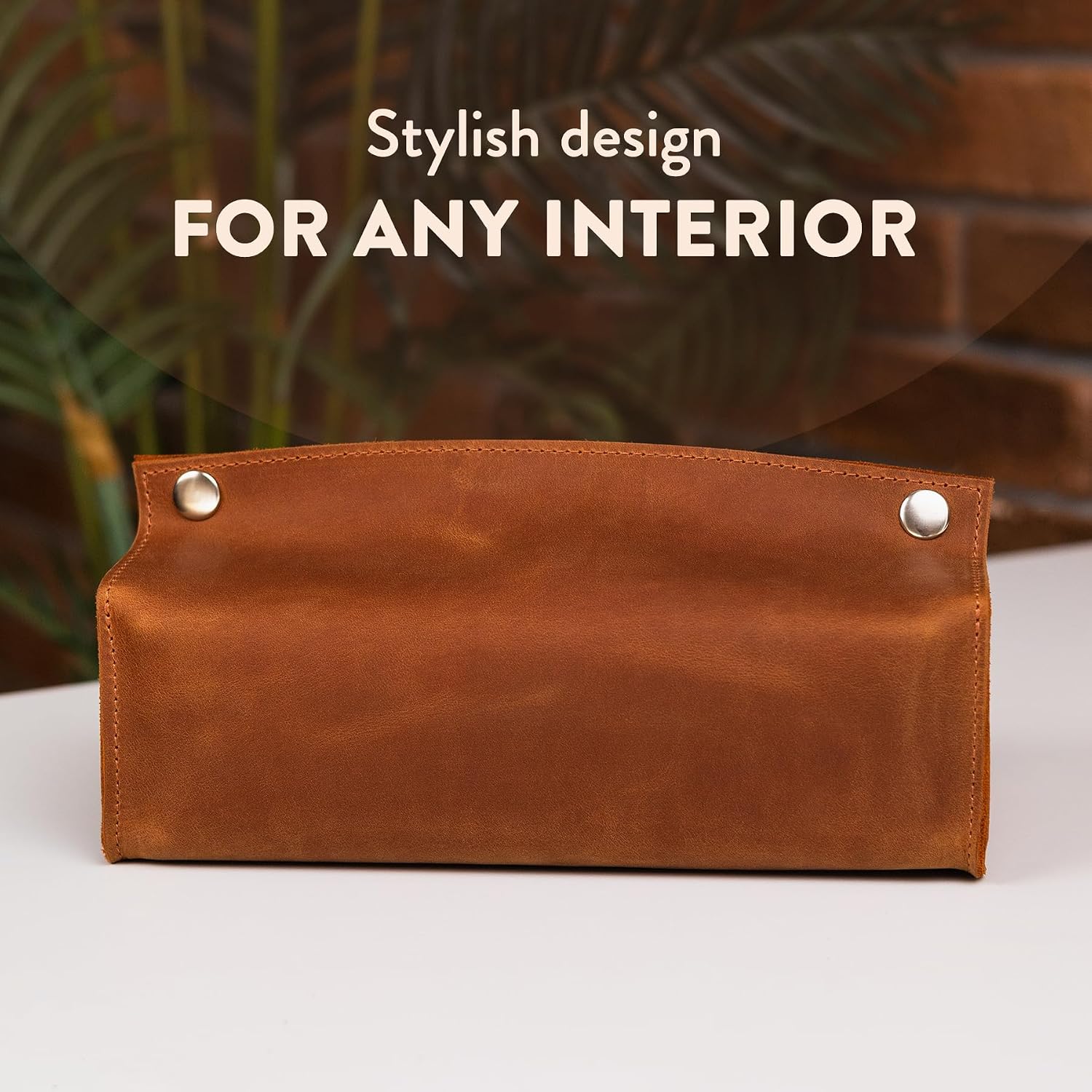 Leather Tissue Box Cover - Genuine Leather Tissue Holder for Standard Rectangular Boxes, Decorative Tissue Case with Snap Closure, Tissue Box Organizer for Home Office Car, Warm Brown