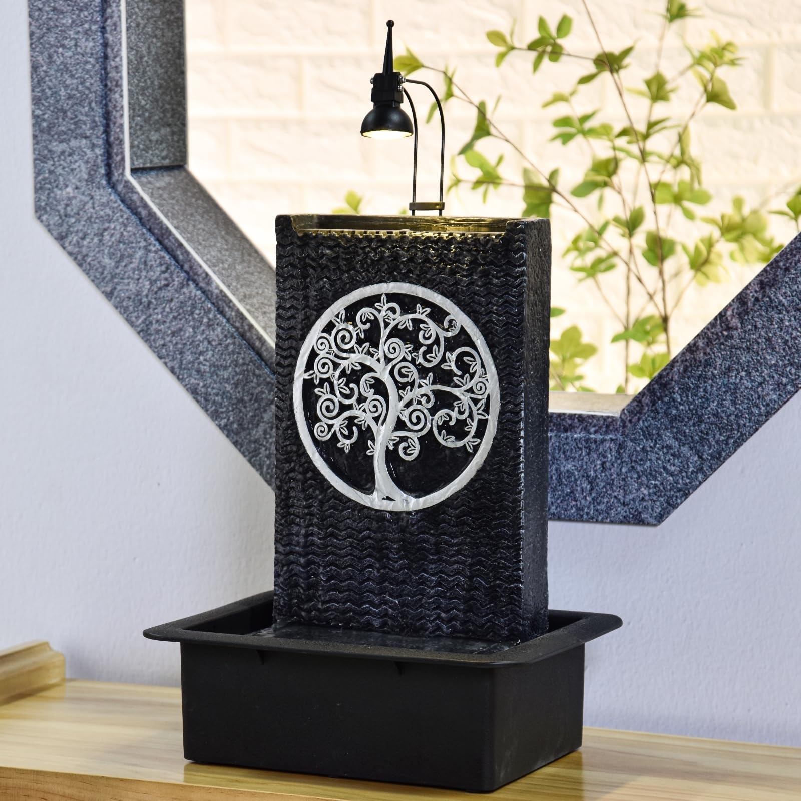 Fontaine d’Intérieur Mur d’Eau Cascade Motif Arbre de Vie Lumière Spot Blanc, Grand Décoration de Table Bureau Salon Chambre, Source de Zenitude Méditation Relaxation, H 40cm – Arbre de Vie Zen’Light