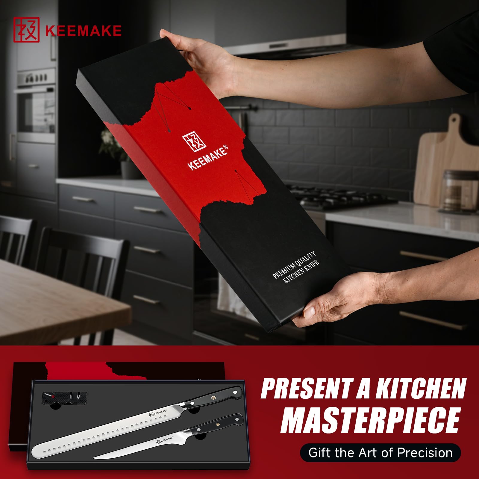 KEEMAKE BBQ Carving Knife Set, Brisket Knife and Boning Knife for Meat Cutting, High Carbon Stainless Steel Sharp Knives Set for Kitchen, Carving Knives for Roast Meat Ham Turkey