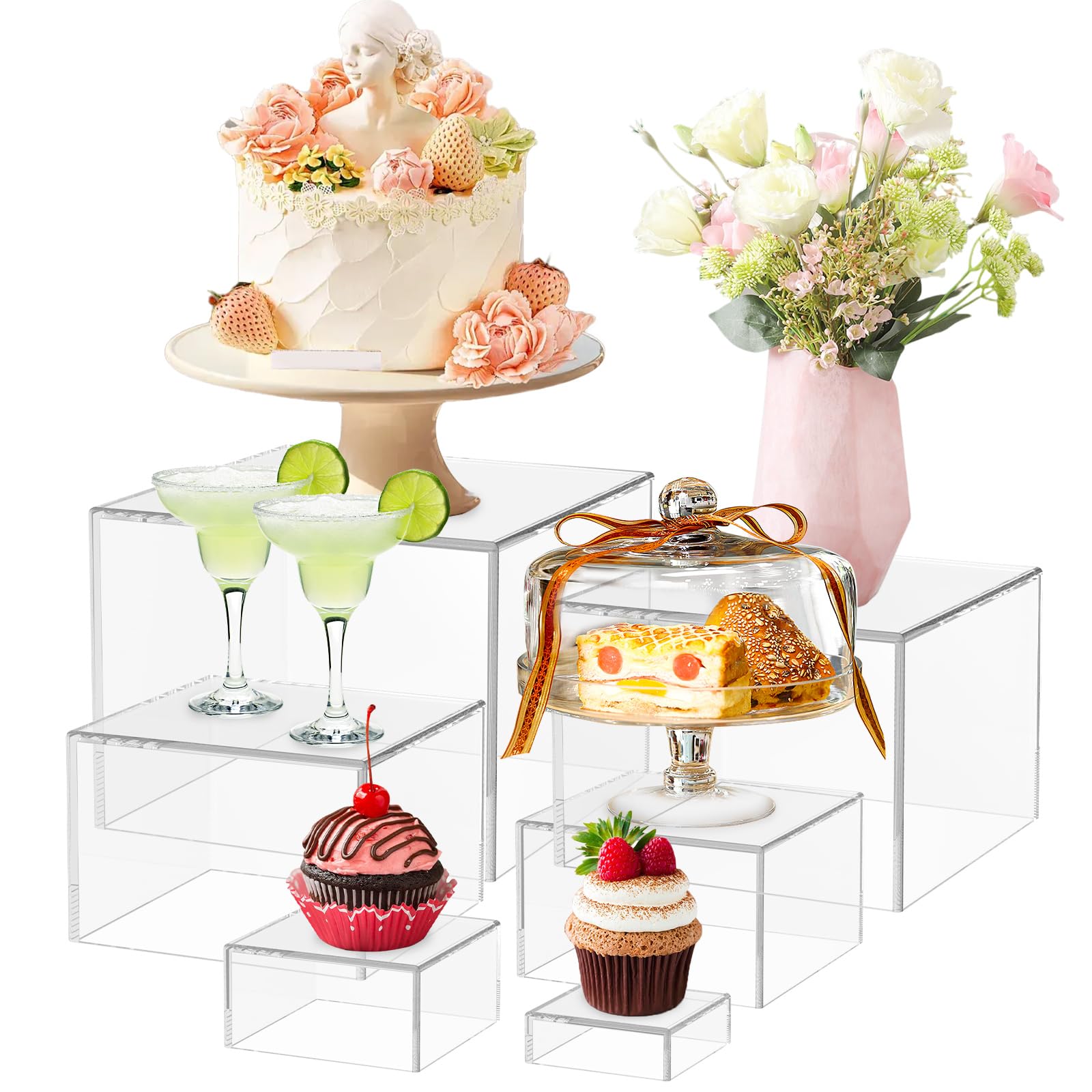 Alongen Clear 6Pcs Buffet Risers, Acrylic Boxes For Display As Buffet Risers And Stands,Square Cube Display Base With Hollow Bottoms For Party Table(Clear)