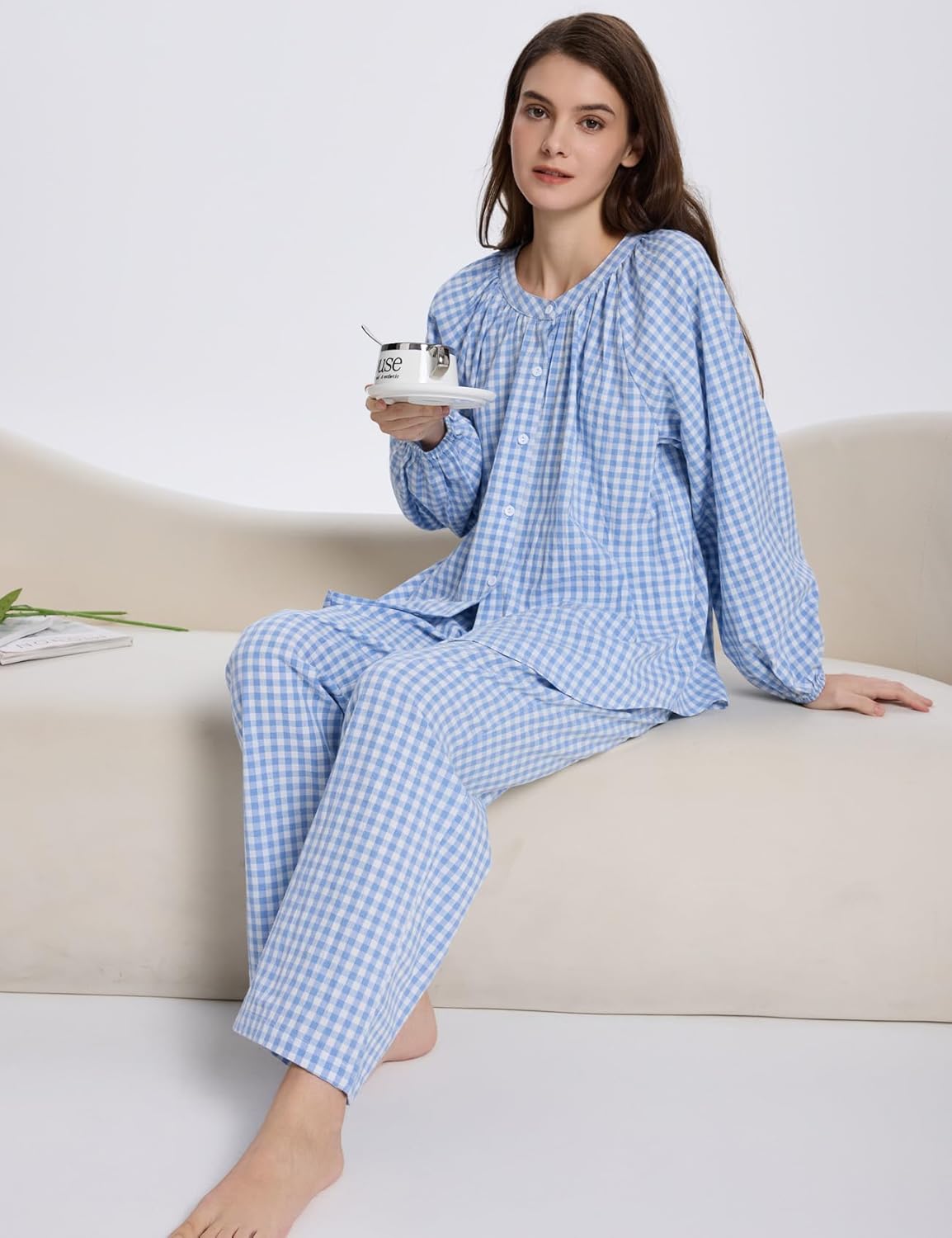 COZYPOIN Womens Gingham Pajama Set 2 Piece Cotton Plaid Button Down Puff Sleeve Shirt and Pants Lounge Set Cute Sleepwear - Image 5