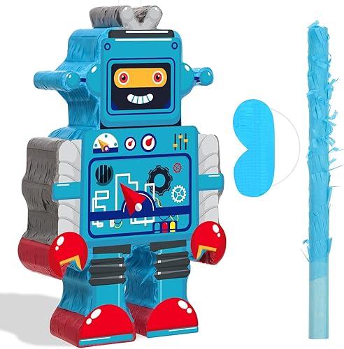 Piñata robot con borla roja y azul, máscara de ojos y confeti de doble borla para niños y niñas, fiesta de cumpleaños, baby shower, decoración de