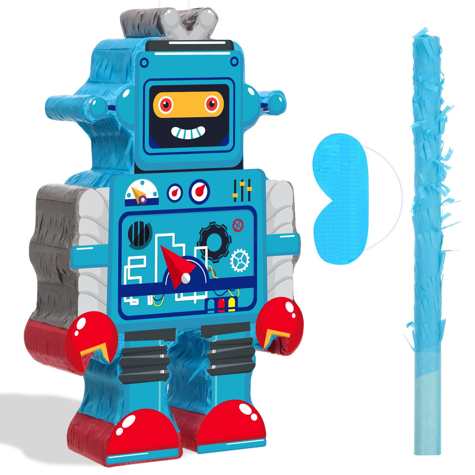 Harrycle Robot Piñata with Red Blue Stick Tassel Eye Mask Double Tassel Piñata Set for Boys Girls Birthday Party Baby Shower Robot Theme Party Decoration, 16.1 x 10.2 x 3.2 Inch