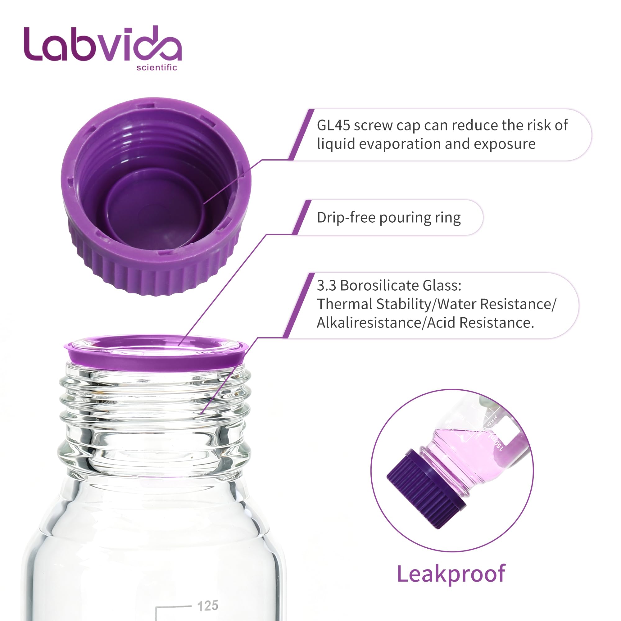 6 bottiglie rotonde da 150 ml, con tappo a vite GL45 in viola, 3,3 bottiglie di reagenti in borosilicato per laboratori, scuole e bottiglie di vetro per uso domestico, LVAD012