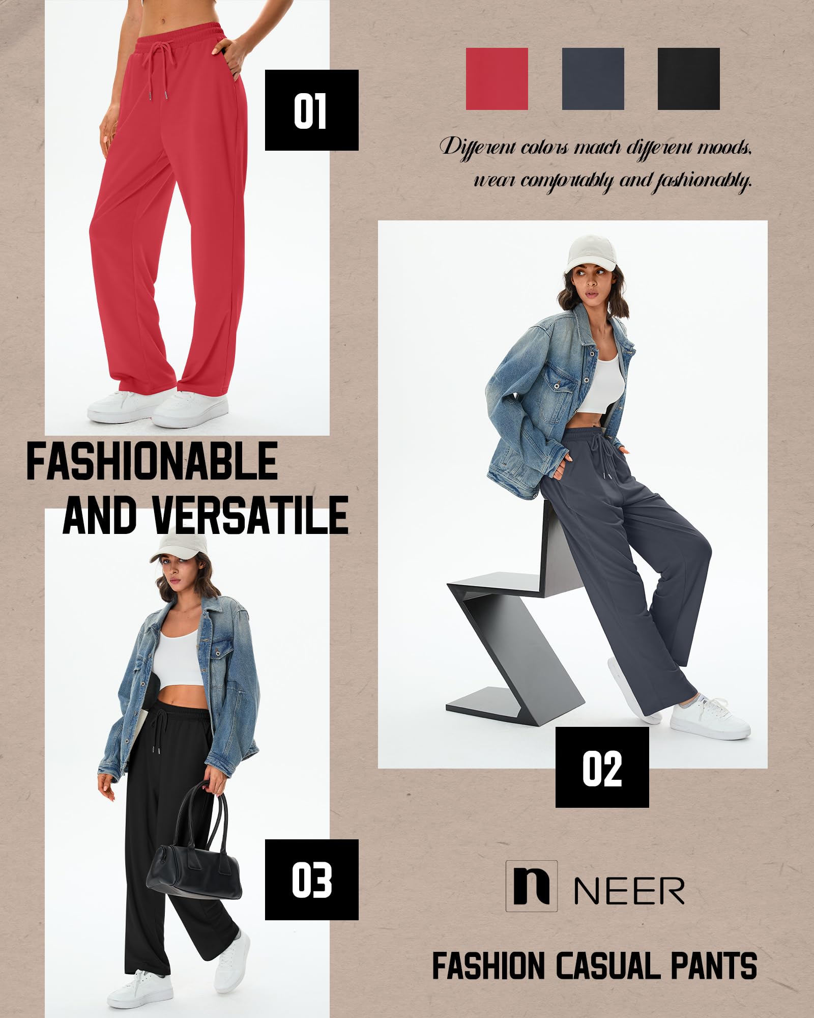 Neer 3 Pack Women's Sweatpants with Pockets, High Waisted Casual Yoga Pants Cozy Lounge Drawstring Loose Wide Leg Jogger